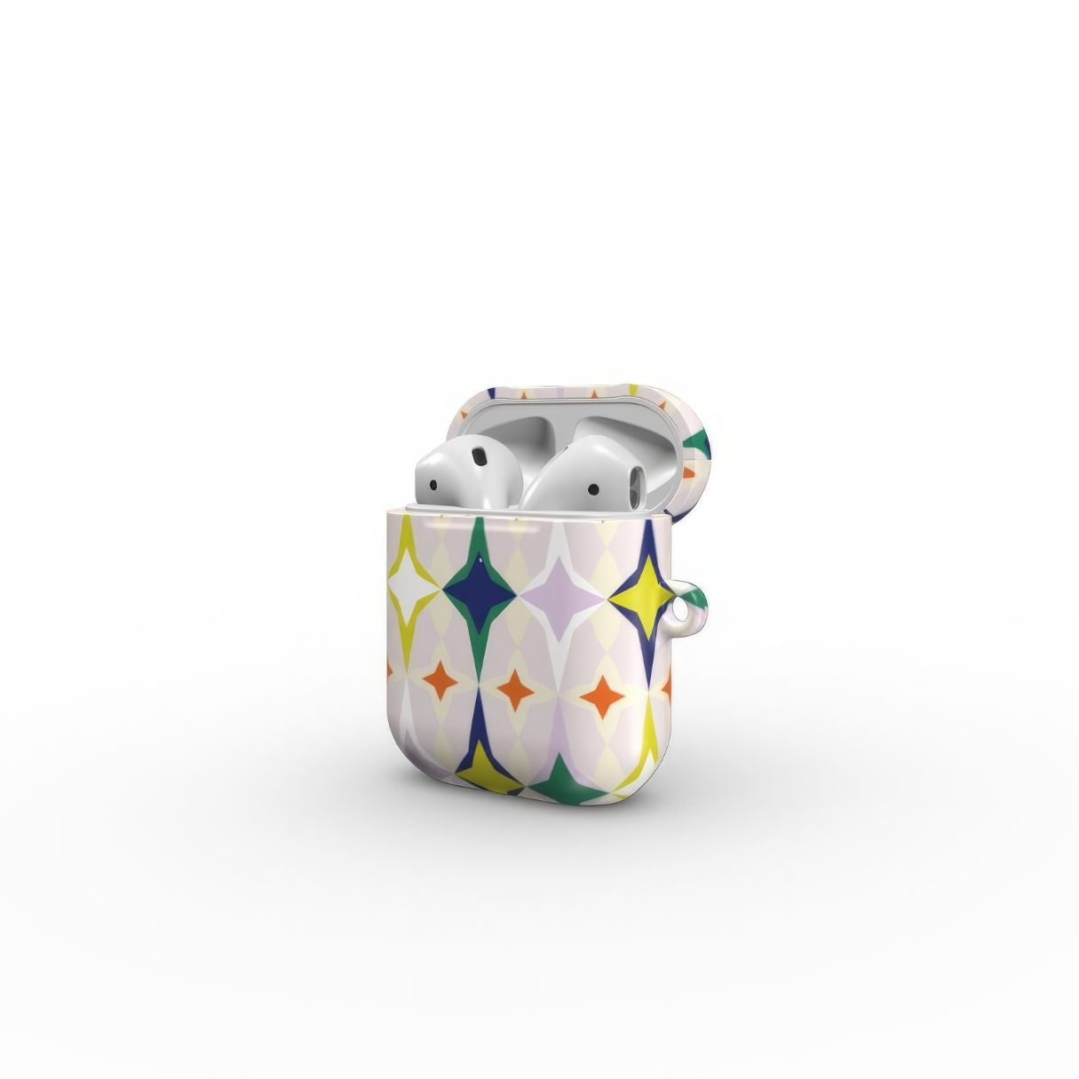 AirPods 1/2 case Magic Summer pattern design with a dynamic geometric symmetry in geometric style, featuring an elegant and expressive aesthetic design. Main colors are green, yellow, orange red and lilac. Side open view.