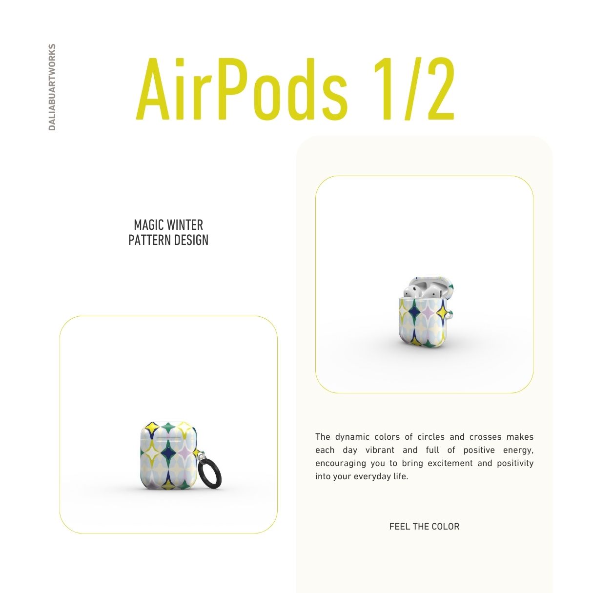AirPods 1/2 case Magic Winter pattern design with a dynamic geometric symmetry in geometric style, featuring an elegant and expressive aesthetic design. Main colors are divine blue, yellow, green and deep blue. Description.