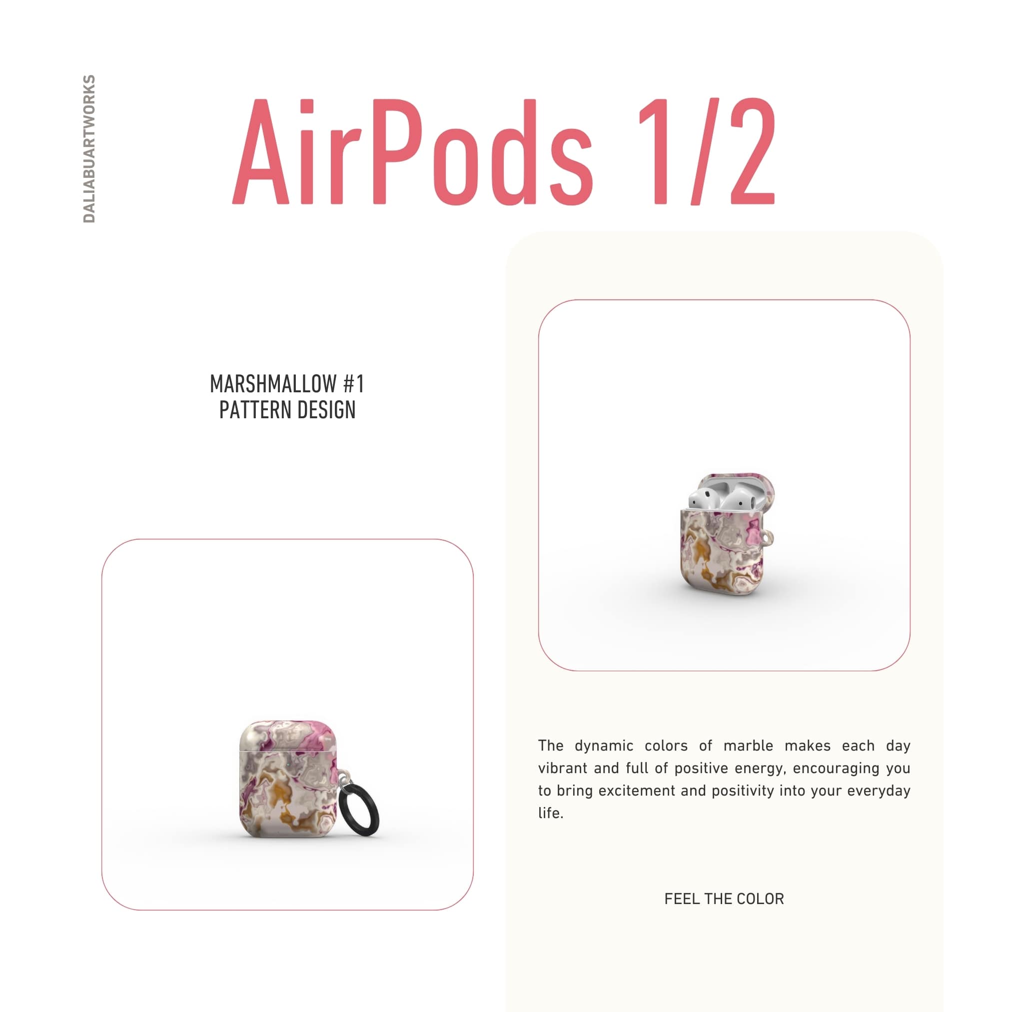 AirPods 1 and 2 tough case front view; Marshmallow 1 pattern, artistic, abstract marble pattern. Pink and beige color combination.