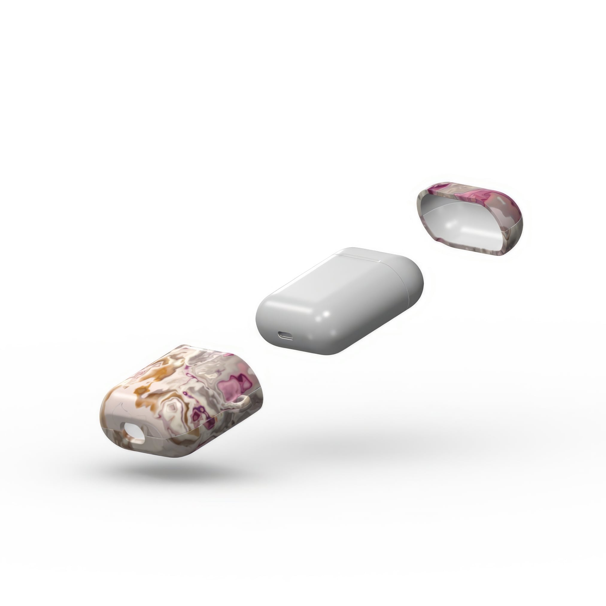 AirPods 1 and 2 tough case extend view; Marshmallow 1 pattern, artistic, abstract marble pattern. Pink and beige color combination.