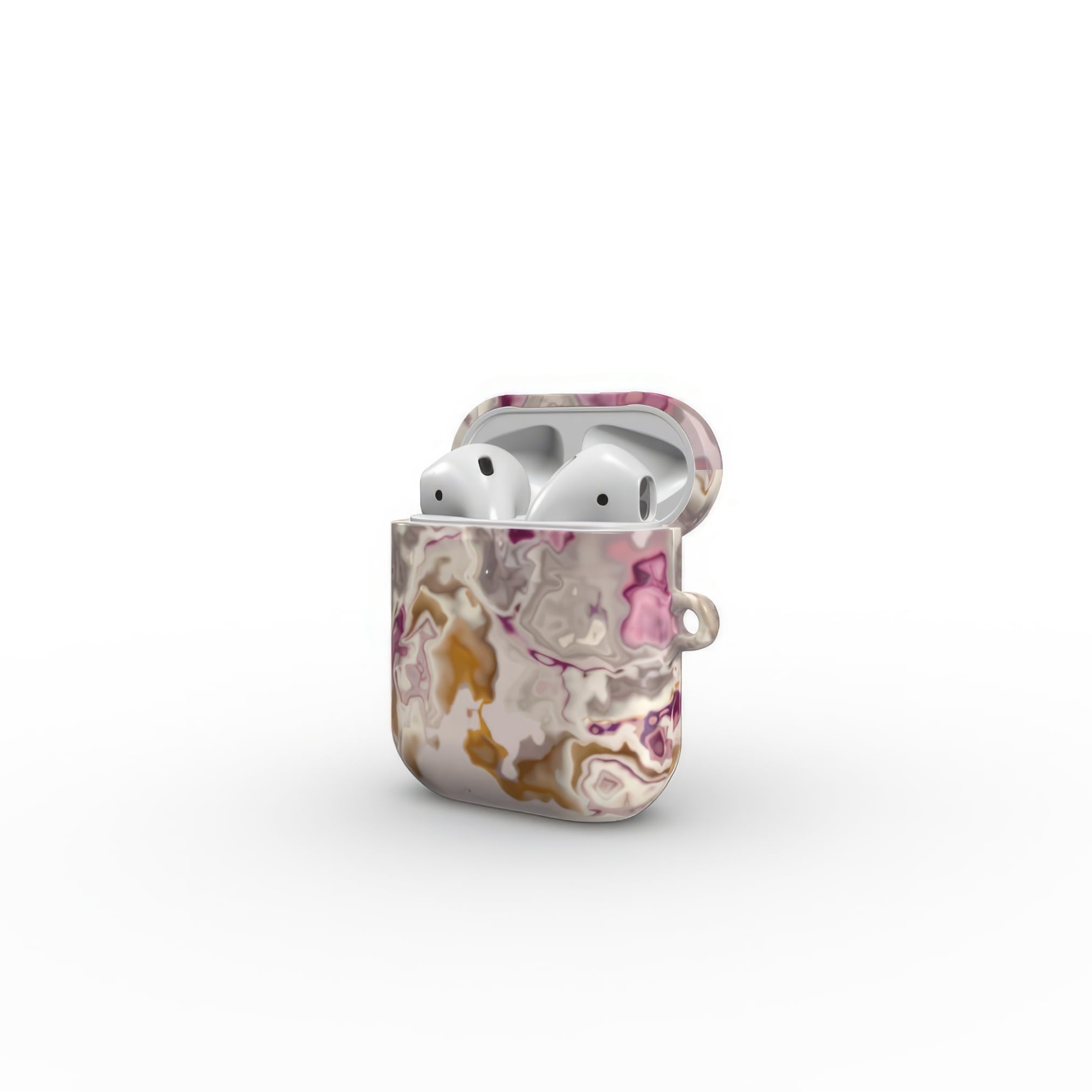 AirPods 1 and 2 tough case side open view; Marshmallow 1 pattern, artistic, abstract marble pattern. Pink and beige color combination.