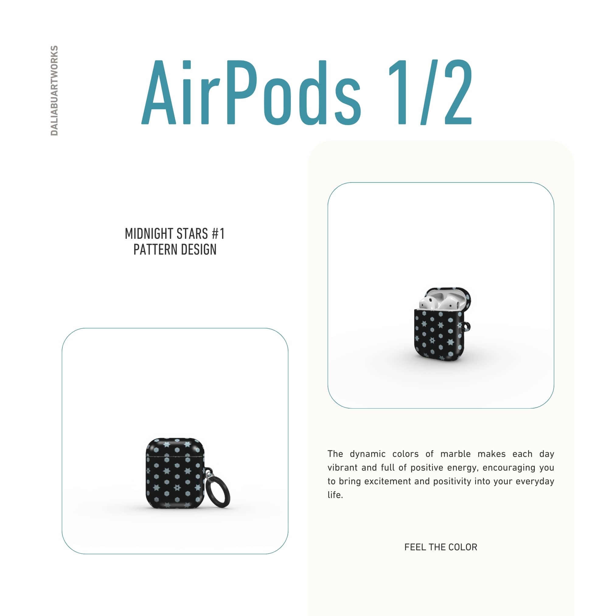 AirPods 1 and 2 case front view; midnight stars 1 pattern, ornamental pattern; kaleidoscope pattern imagination.