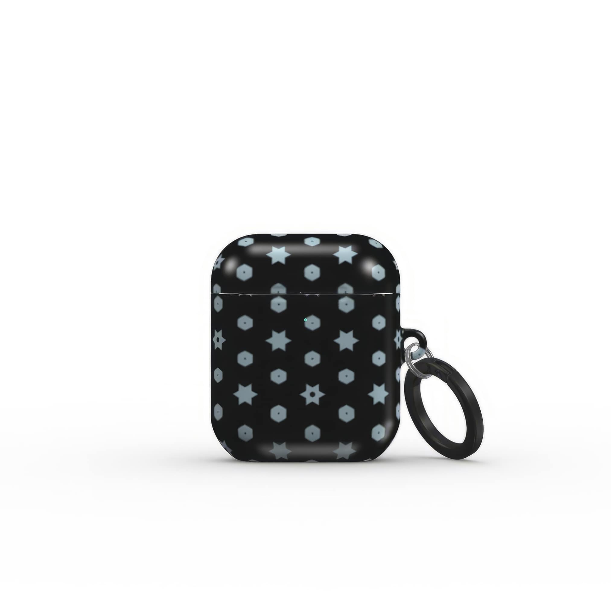 AirPods 1 and 2 case front view; midnight stars 1 pattern, ornamental pattern; kaleidoscope pattern imagination. Bold expressive aesthetic design. Colorful and interior fit.