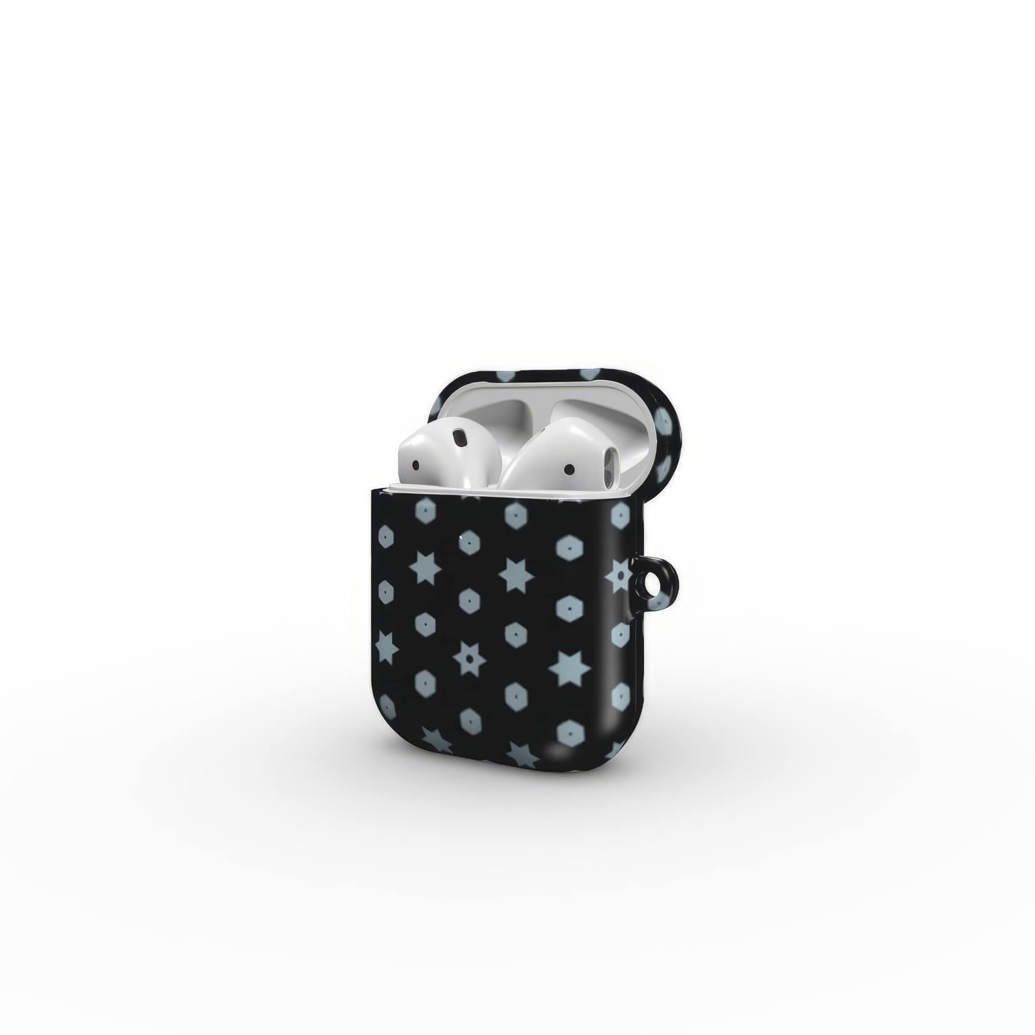 AirPods 1 and 2 case side open view; midnight stars 1 pattern, ornamental pattern; kaleidoscope pattern imagination.