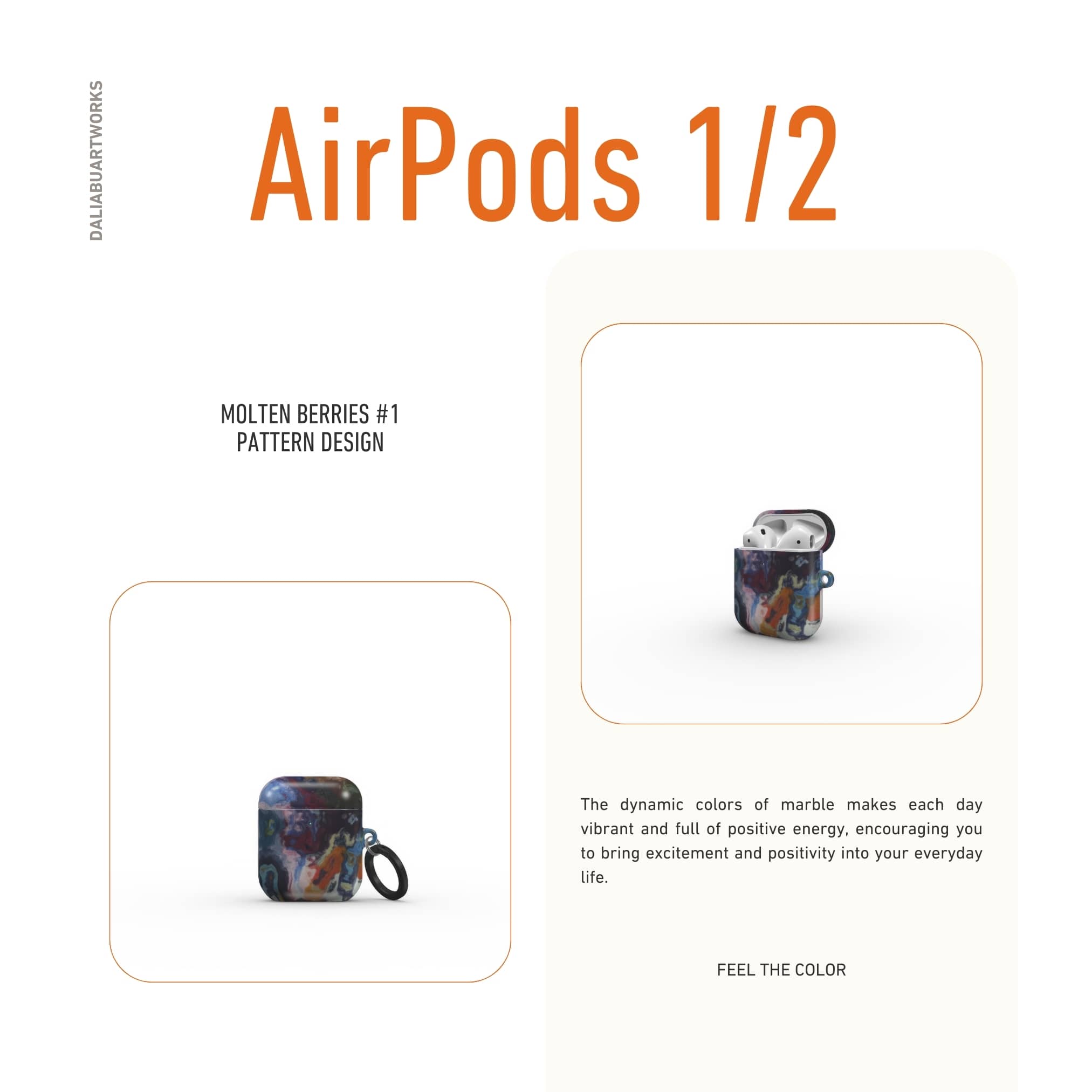 AirPods 1 and 2 tough case front view; Molten Berries 1 pattern, artistic, abstract marble pattern. Deep. purple color.