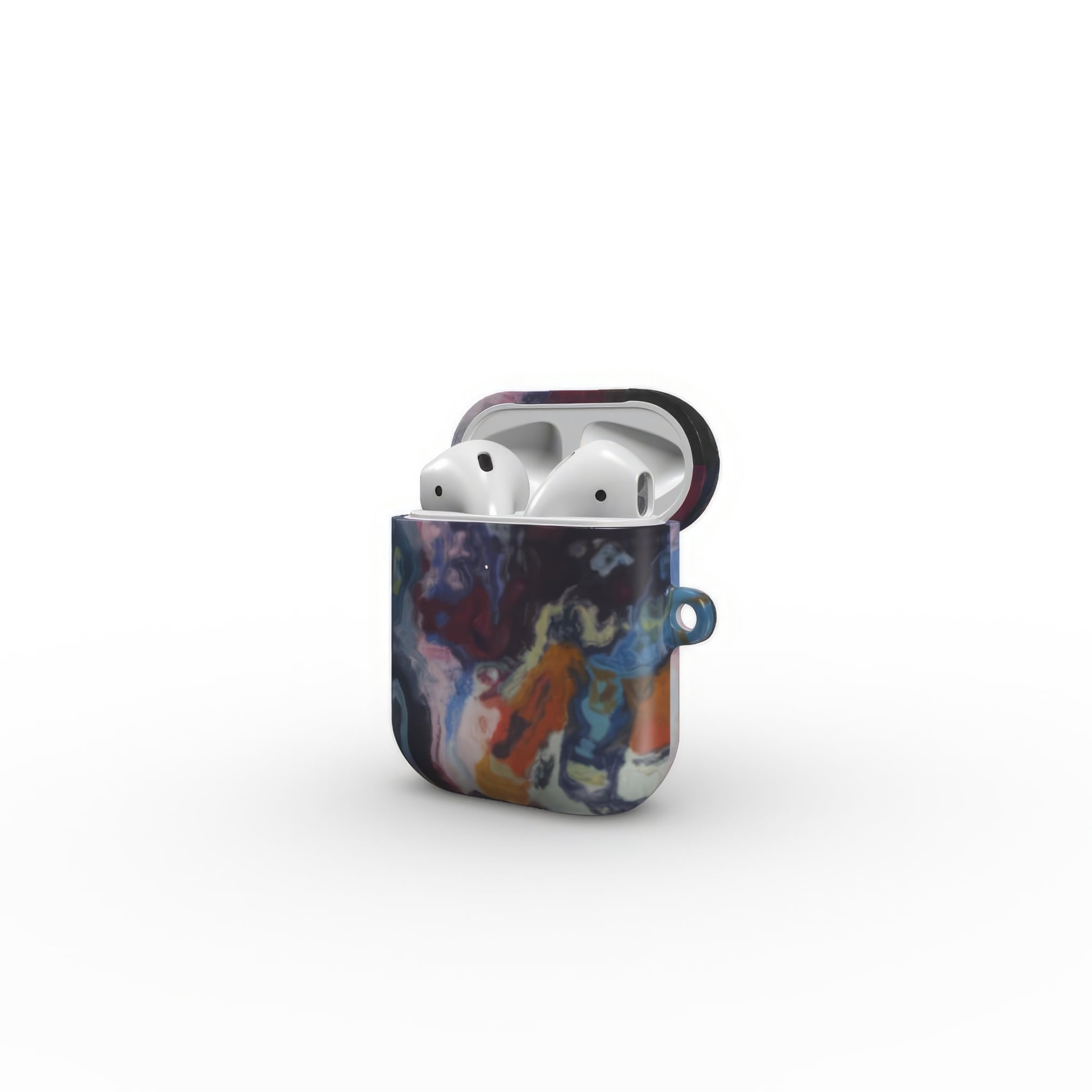 AirPods 1 and 2 tough case side open view; Molten Berries 1 pattern, artistic, abstract marble pattern. Deep. purple color.