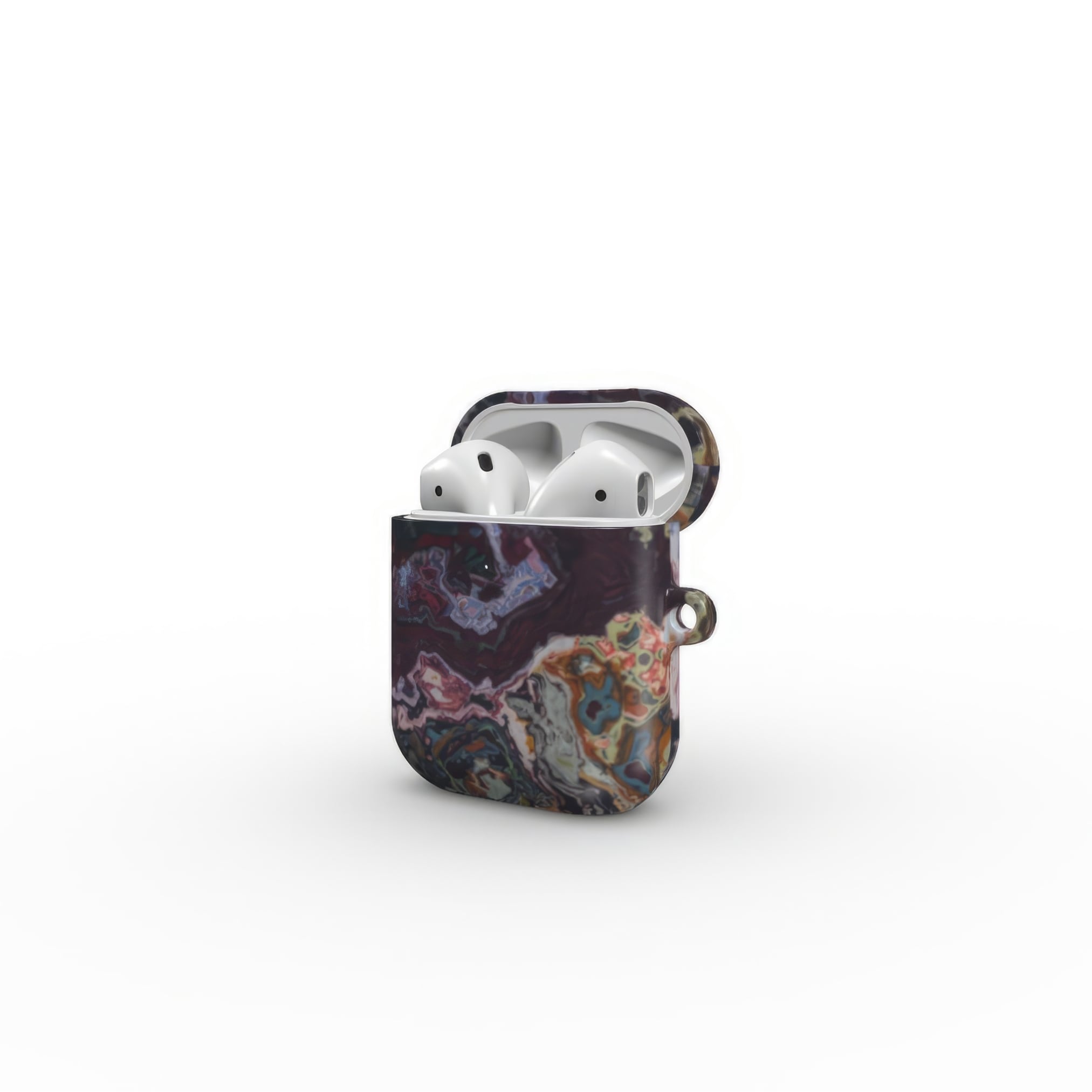 AirPods 1 and 2 tough case side open view; Molten Berries 2 pattern, artistic, abstract marble pattern. Deep. purple color.