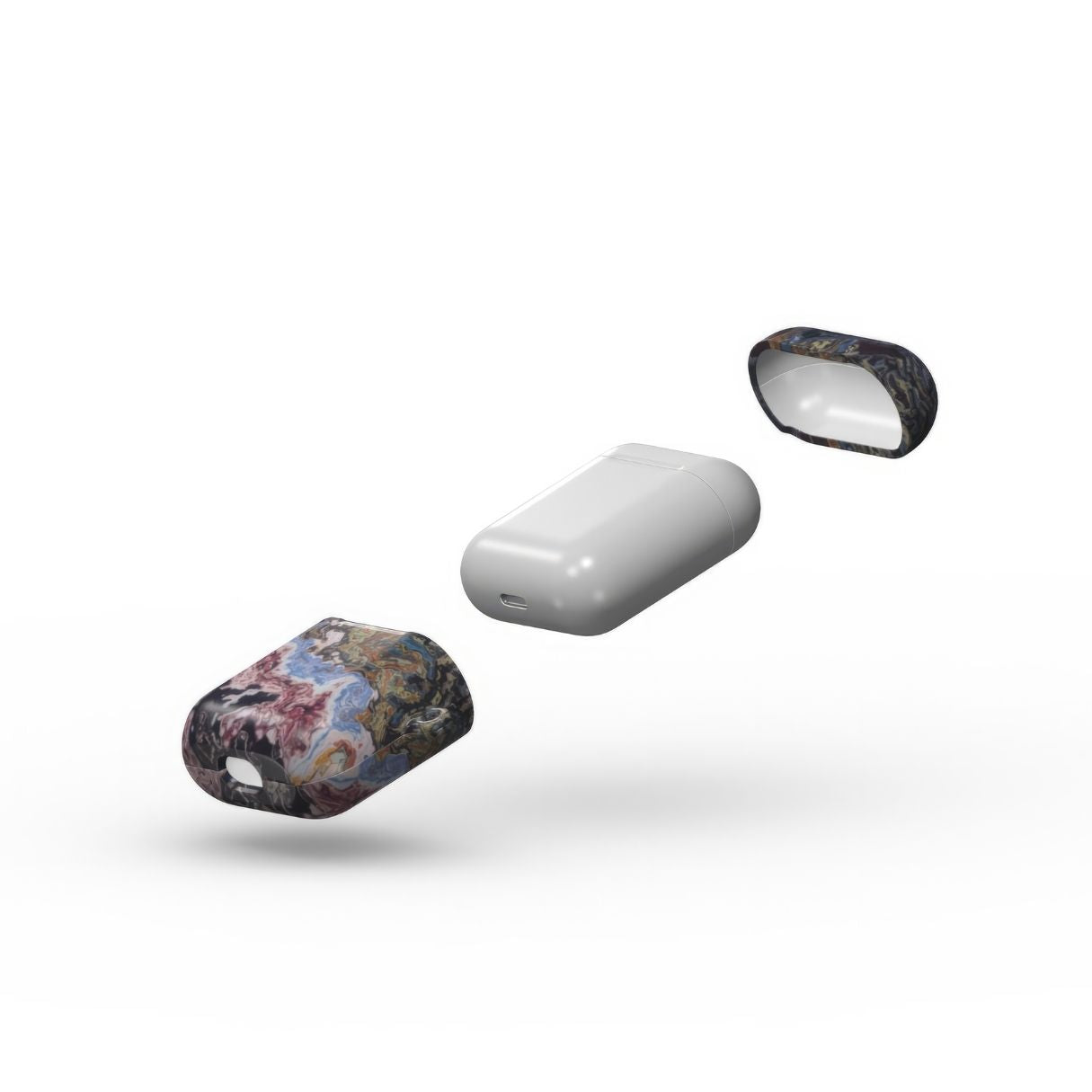 AirPods 1 and 2 tough case extend view; Molten Berries Mix pattern, artistic, abstract marble pattern. Deep. purple color. Bold expressive aesthetic design. Colorful and interior fit. Elegant.