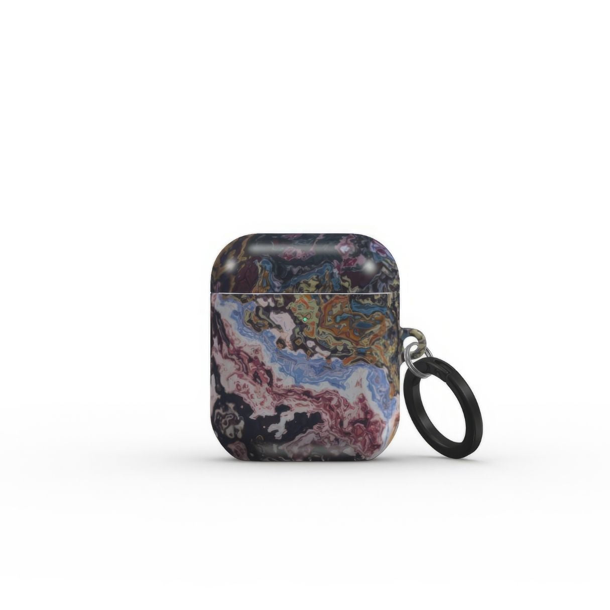 AirPods 1 and 2 tough case front view; Molten Berries Mix pattern, artistic, abstract marble pattern. Deep. purple color. Bold expressive aesthetic design. Colorful and interior fit. Elegant.