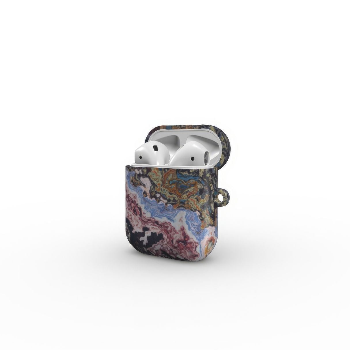 AirPods 1 and 2 tough case side view; Molten Berries Mix pattern, artistic, abstract marble pattern. Deep. purple color. Bold expressive aesthetic design. Colorful and interior fit. Elegant.