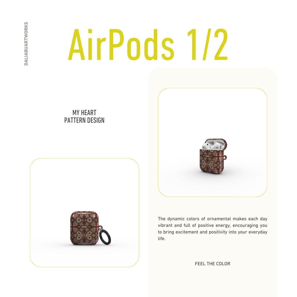 Valentine's edition design. AirPods 1/2 Case My Heart pattern with ornamental design, featuring an elegant and expressive aesthetic shape. Main color is deep red. Description.