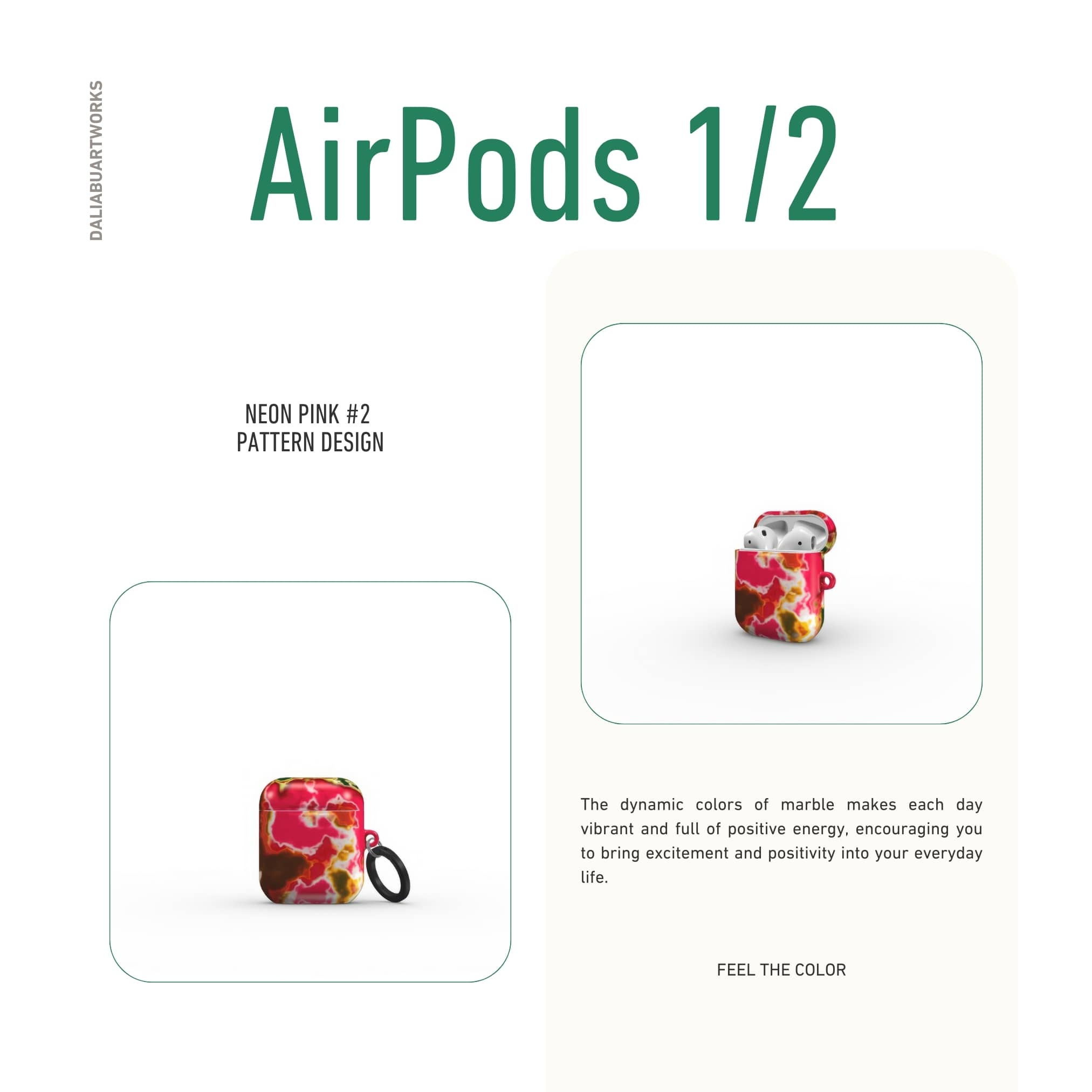 AirPods 1 and 2 tough phone case front view; Neon Pink 2 pattern, artistic, abstract marble pattern. Pink and green color combination.