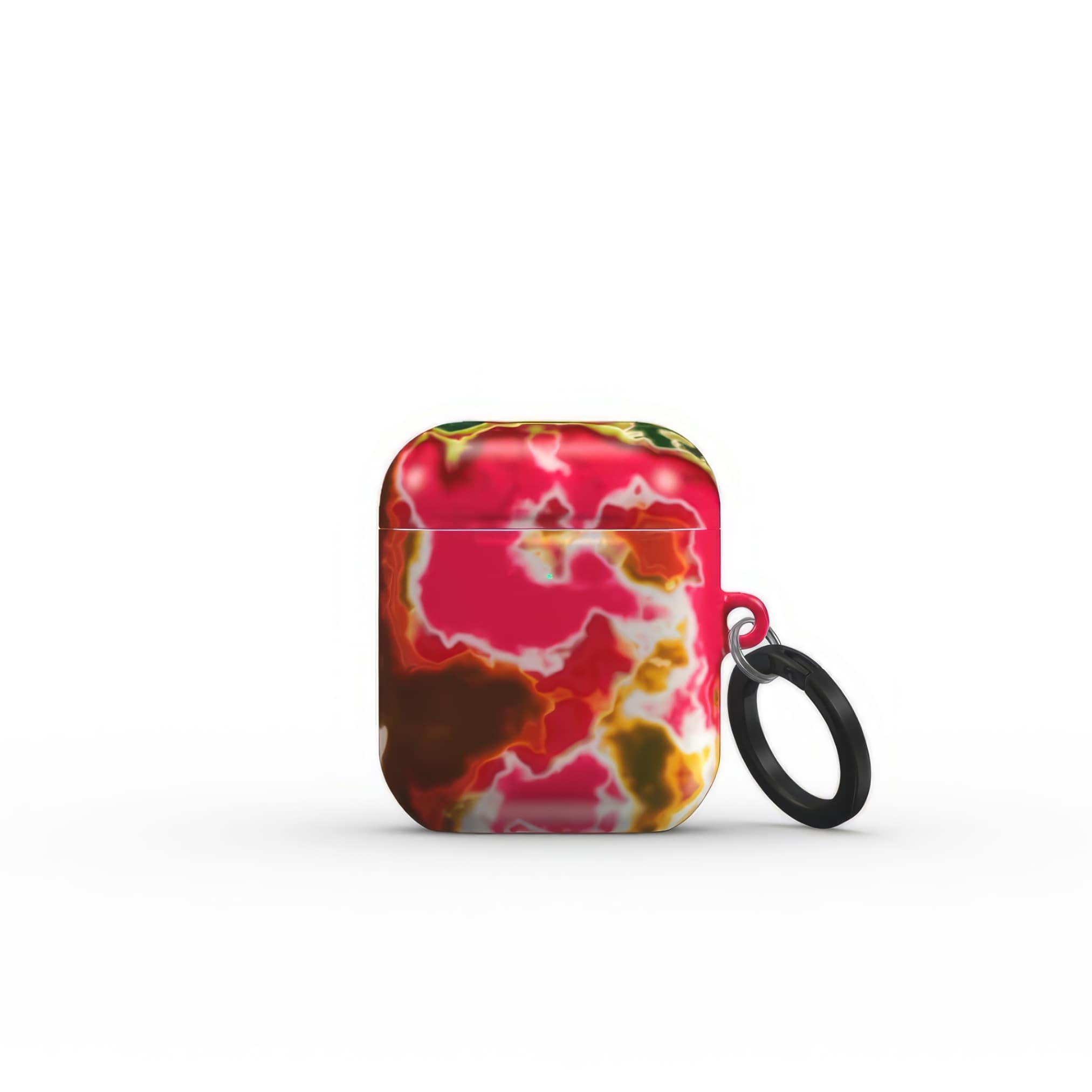 AirPods 1 and 2 tough phone case front view; Neon Pink 2 pattern, artistic, abstract marble pattern. Pink and green color combination. Bold expressive aesthetic design. Colorful and interior fit. Elegant.