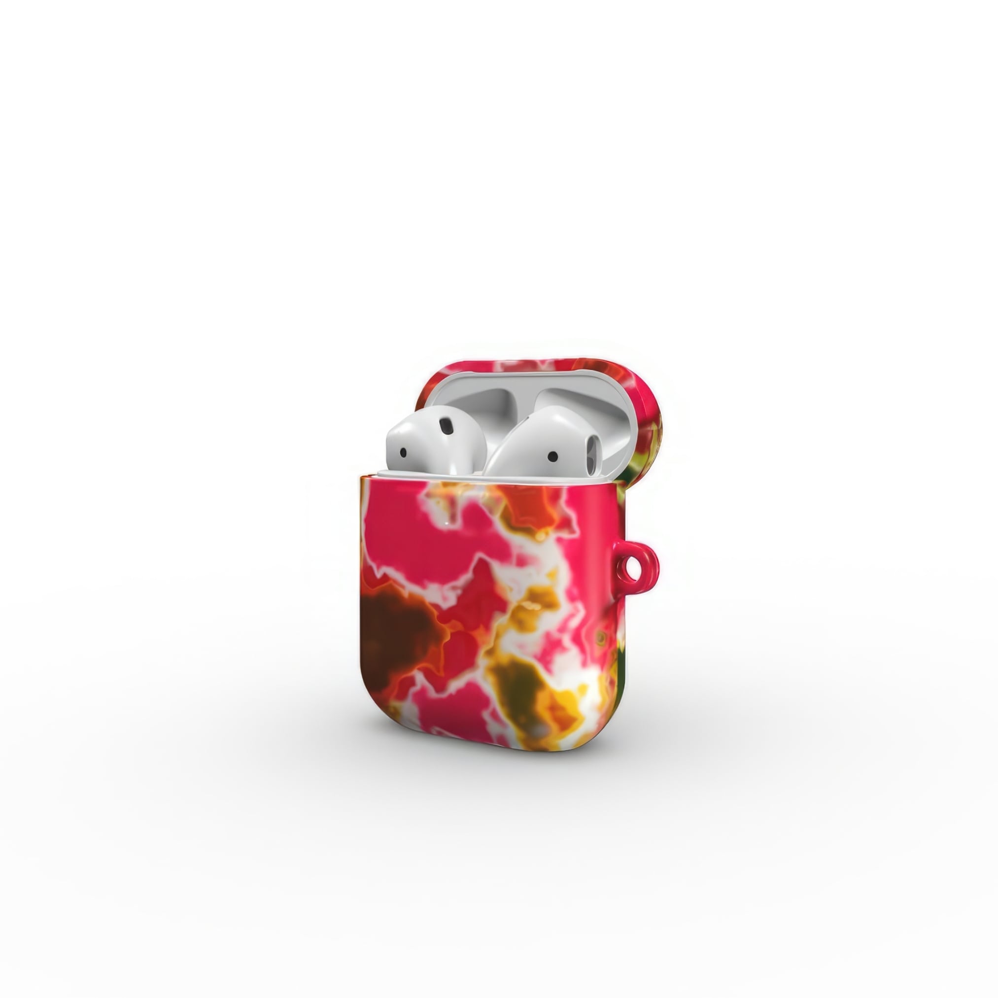 AirPods 1 and 2 tough phone case side open view; Neon Pink 2 pattern, artistic, abstract marble pattern. Pink and green color combination.