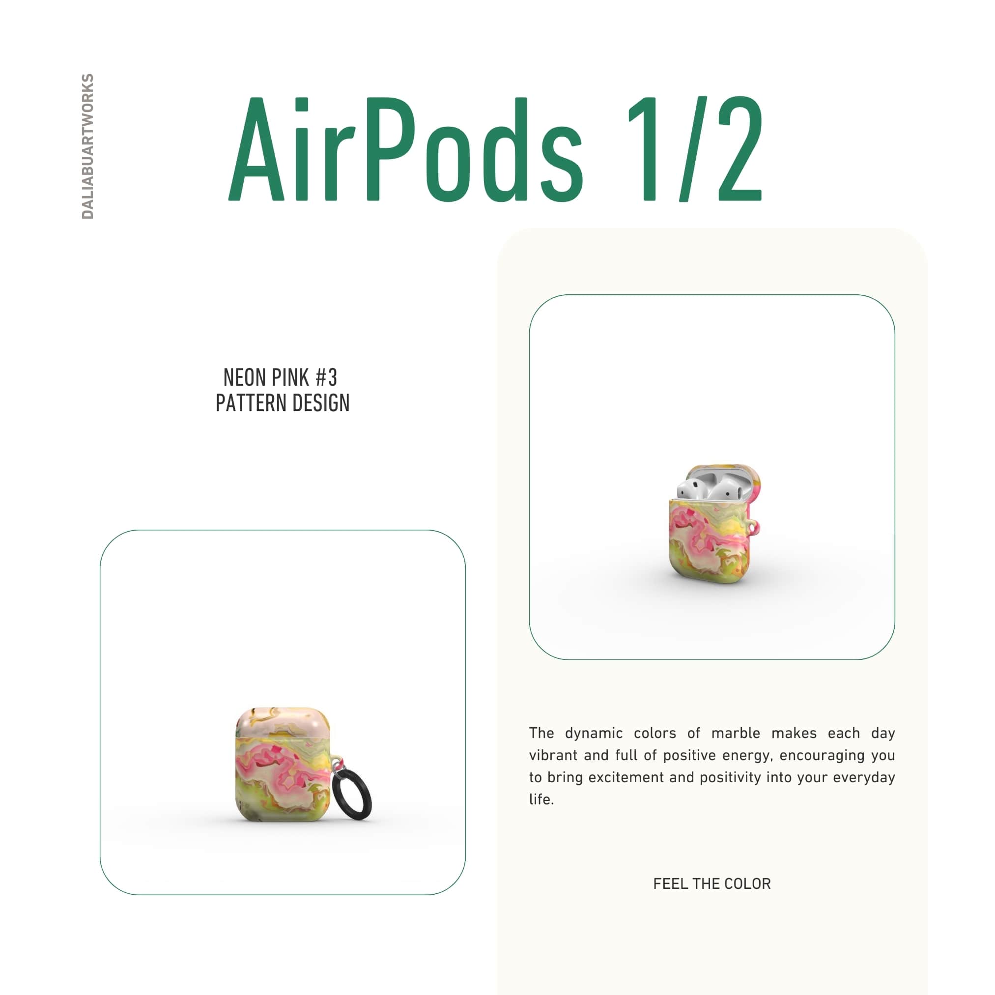 AirPods 1 and 2 tough case front view; Neon Pink 3 pattern, artistic, abstract marble pattern. Light pink and green color combination.
