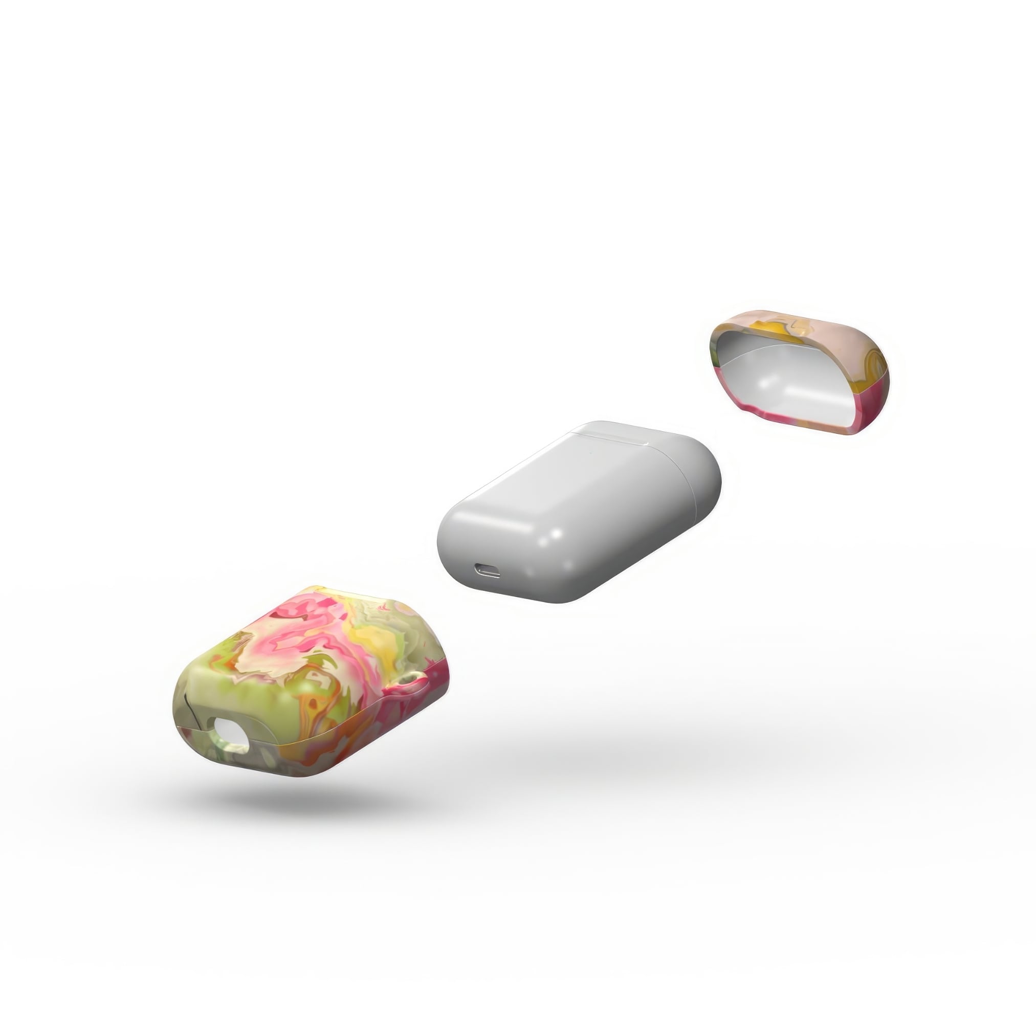 AirPods 1 and 2 tough case extend view; Neon Pink 3 pattern, artistic, abstract marble pattern. Light pink and green color combination.