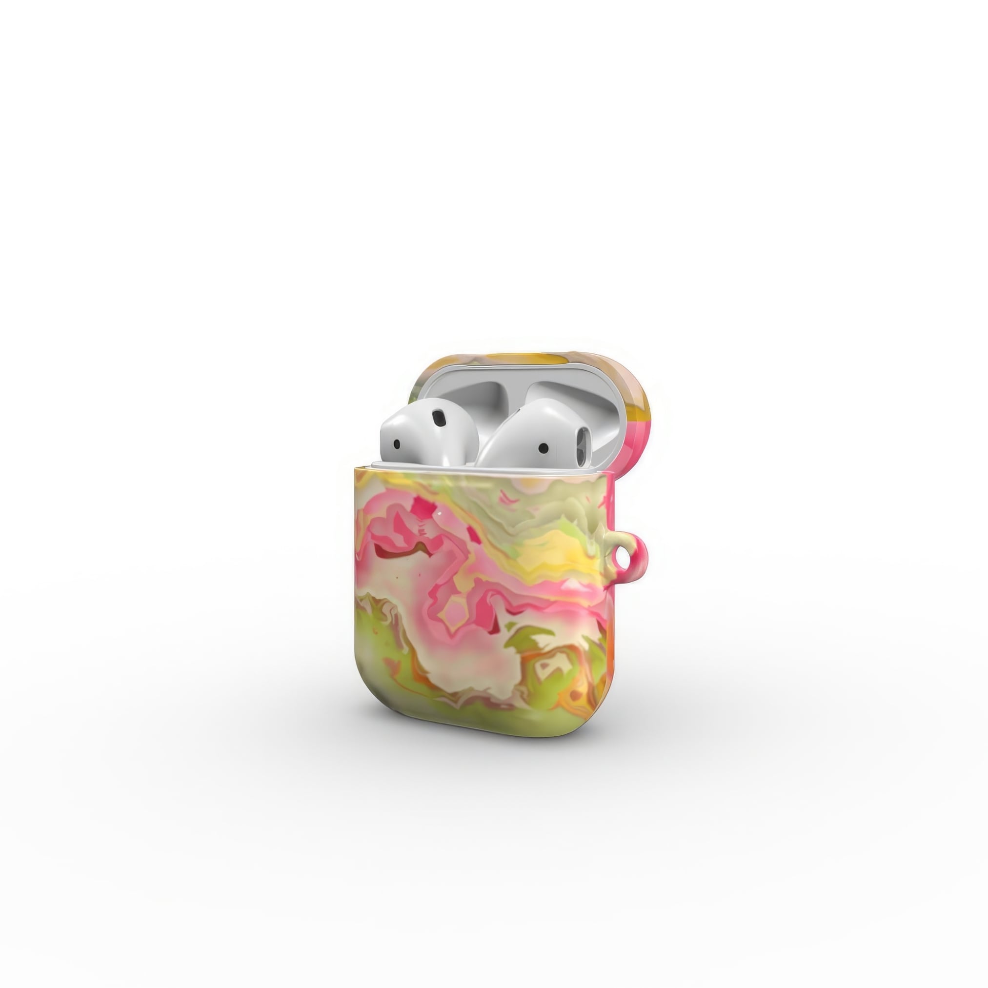 AirPods 1 and 2 tough case side open view; Neon Pink 3 pattern, artistic, abstract marble pattern. Light pink and green color combination.