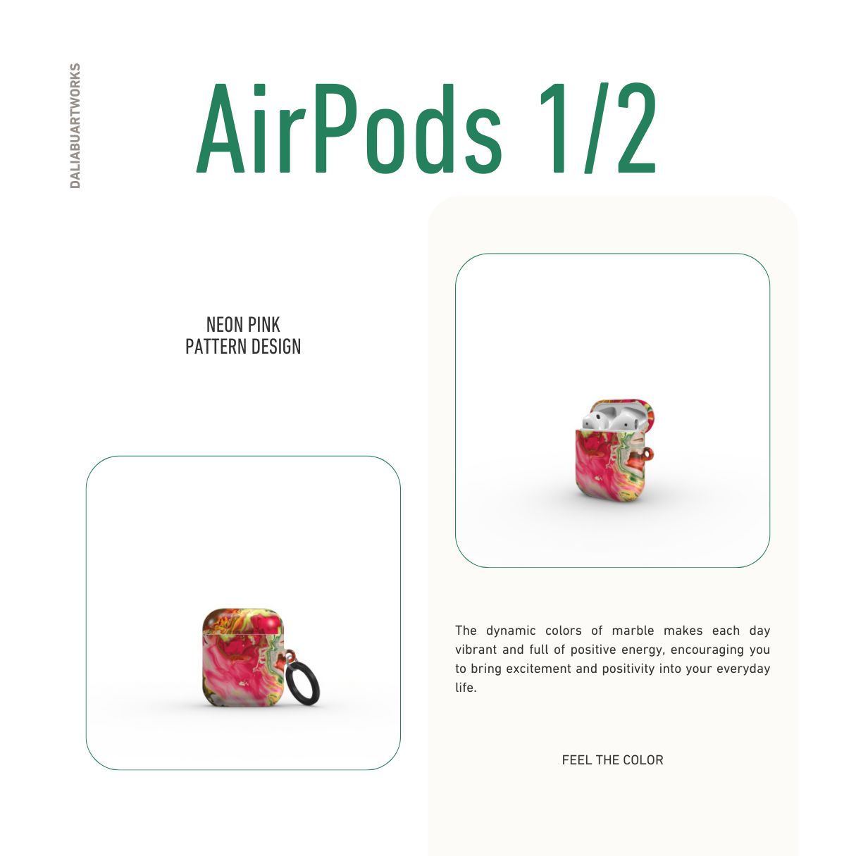 AirPods 1 and 2 tough case front view; Neon Pink pattern, artistic, abstract marble pattern. Pink and green color combination.