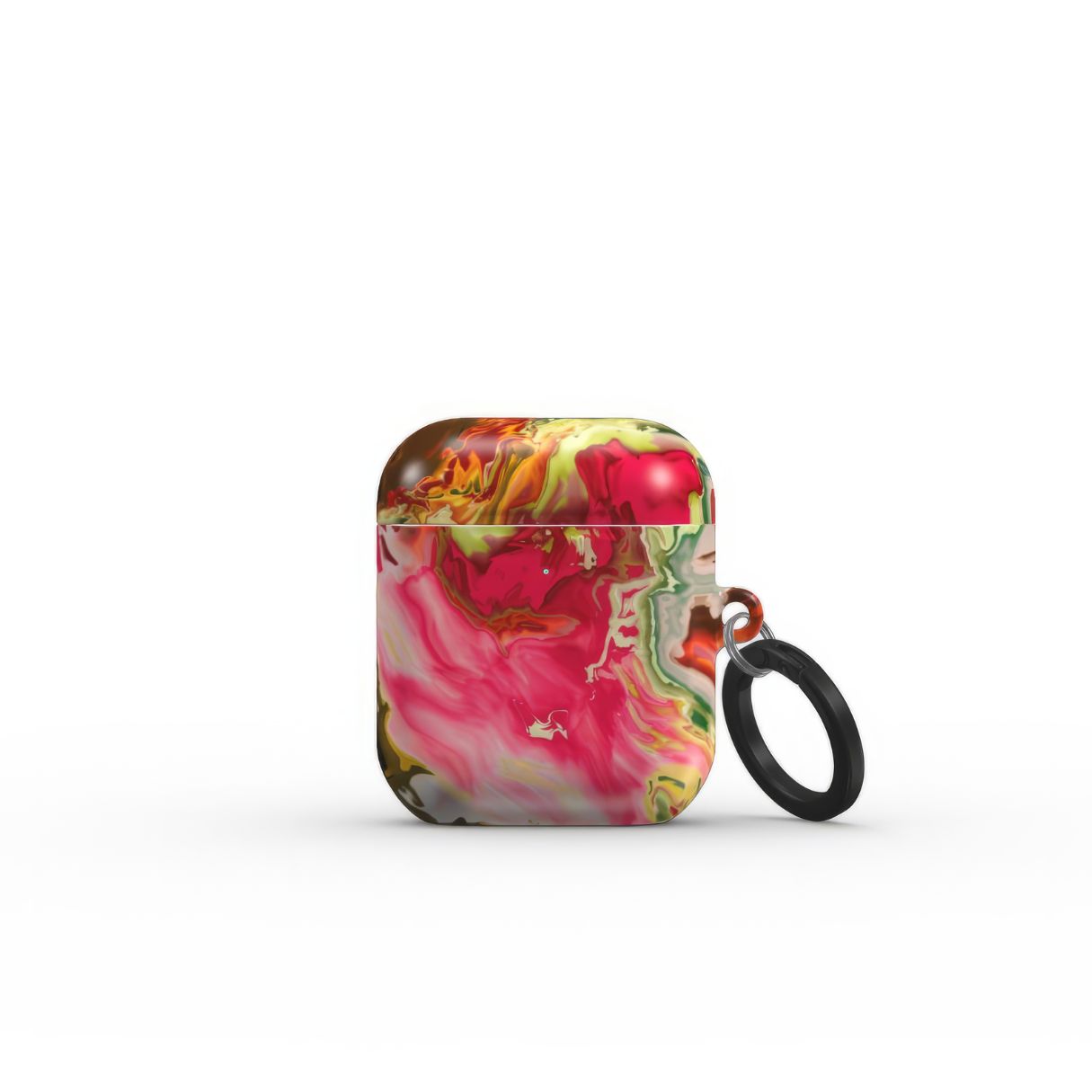 AirPods 1 and 2 tough case front view; Neon Pink pattern, artistic, abstract marble pattern. Pink and green color combination. Bold expressive aesthetic design. Colorful and interior fit. Elegant.