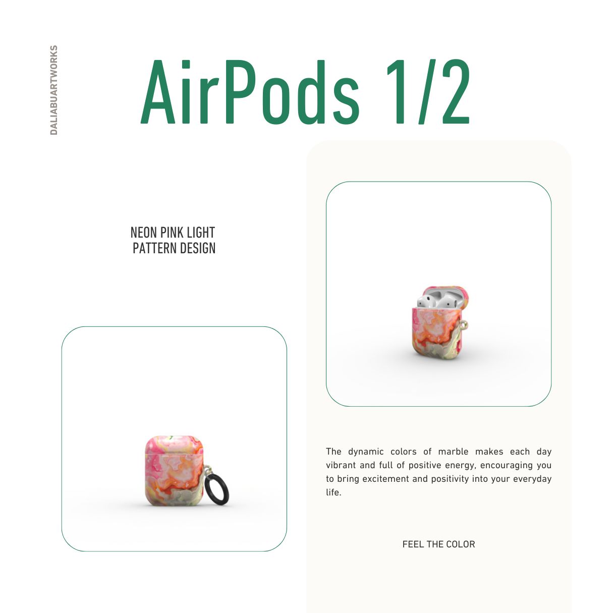 AirPods 1 and 2 tough case front view; Neon Pink Light pattern, artistic, abstract marble pattern. Light pink and green color combination.