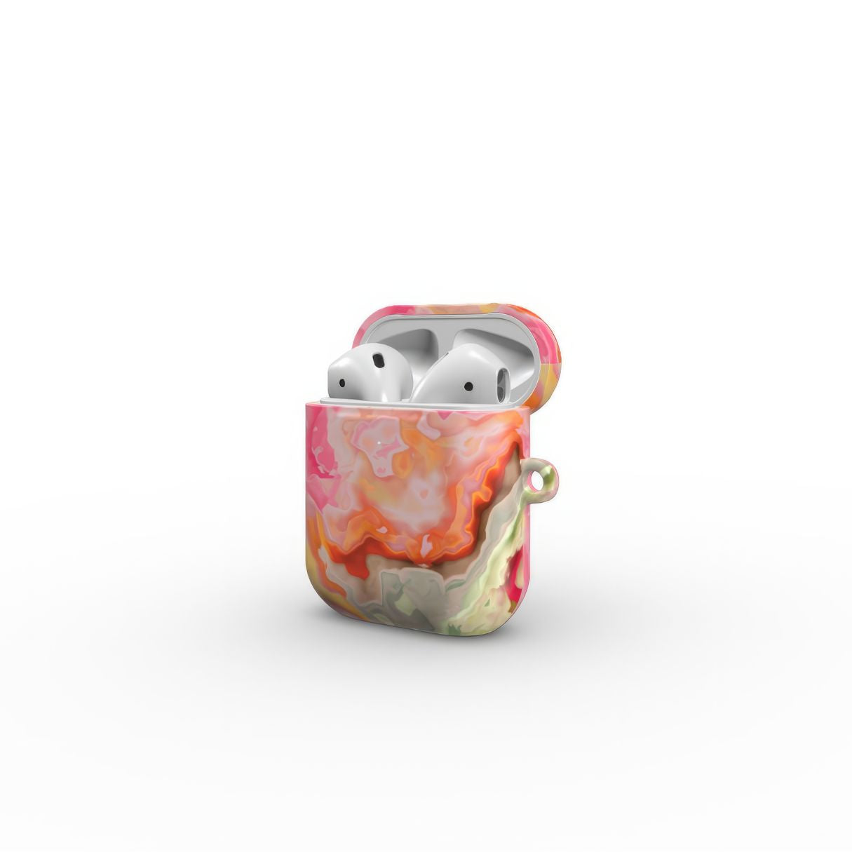 AirPods 1 and 2 tough case side open view; Neon Pink Light pattern, artistic, abstract marble pattern. Light pink and green color combination.