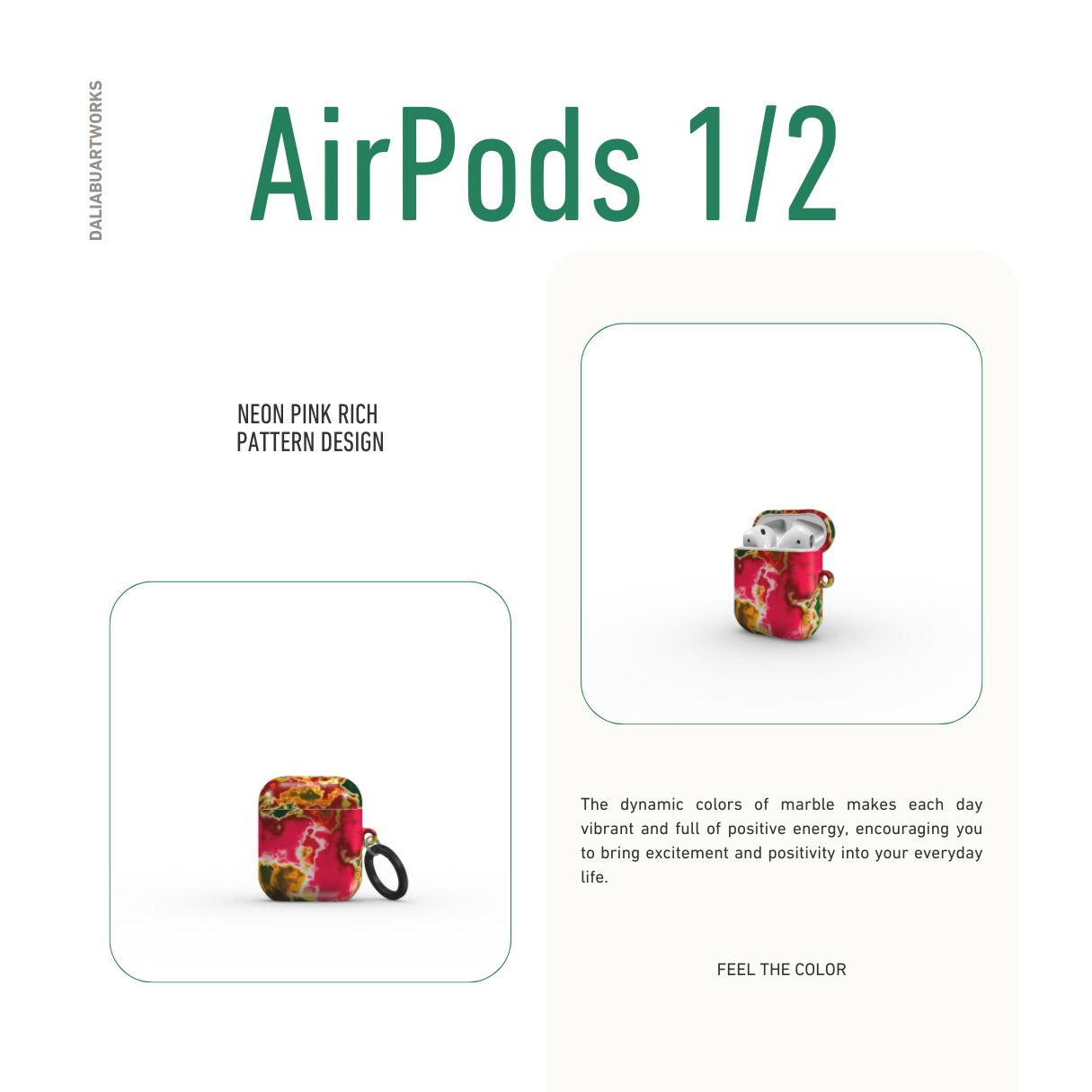 AirPods 1 and 2 tough phone case front view; Neon Pink Rich pattern, artistic, abstract marble pattern. Pink and green color combination.