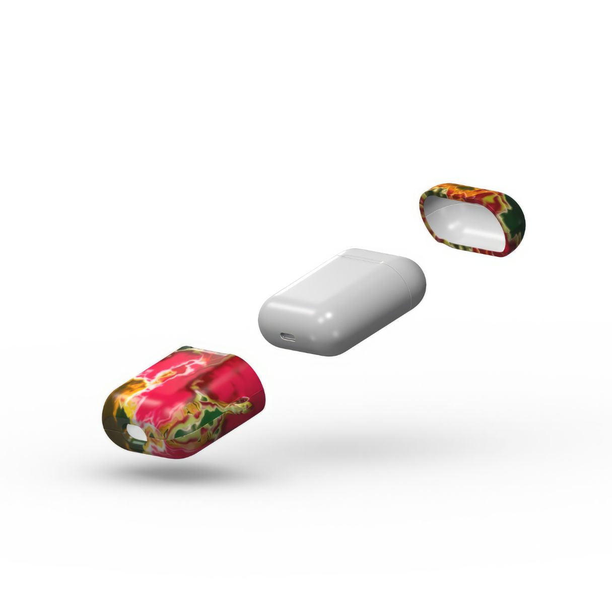 AirPods 1 and 2 tough phone case extend view; Neon Pink Rich pattern, artistic, abstract marble pattern. Pink and green color combination.