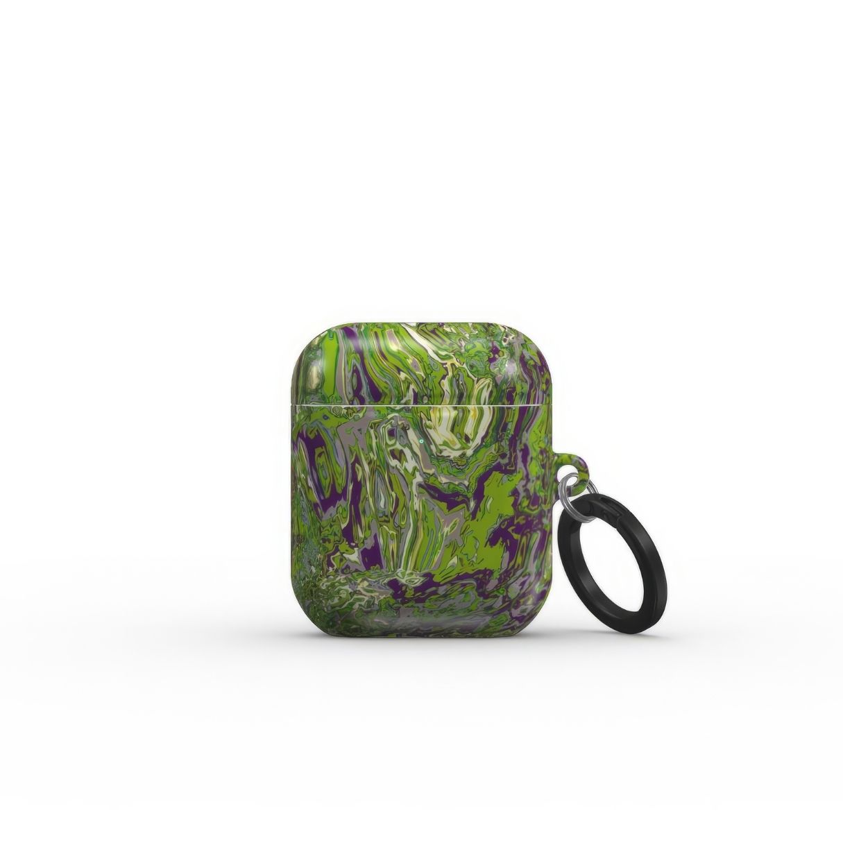 AirPods 1/2 case with a bold vivid pattern Olive Smash abstract and artistic style, featuring an elegant and expressive aesthetic design. Main colors are olive green and purple hues. Front closed view.