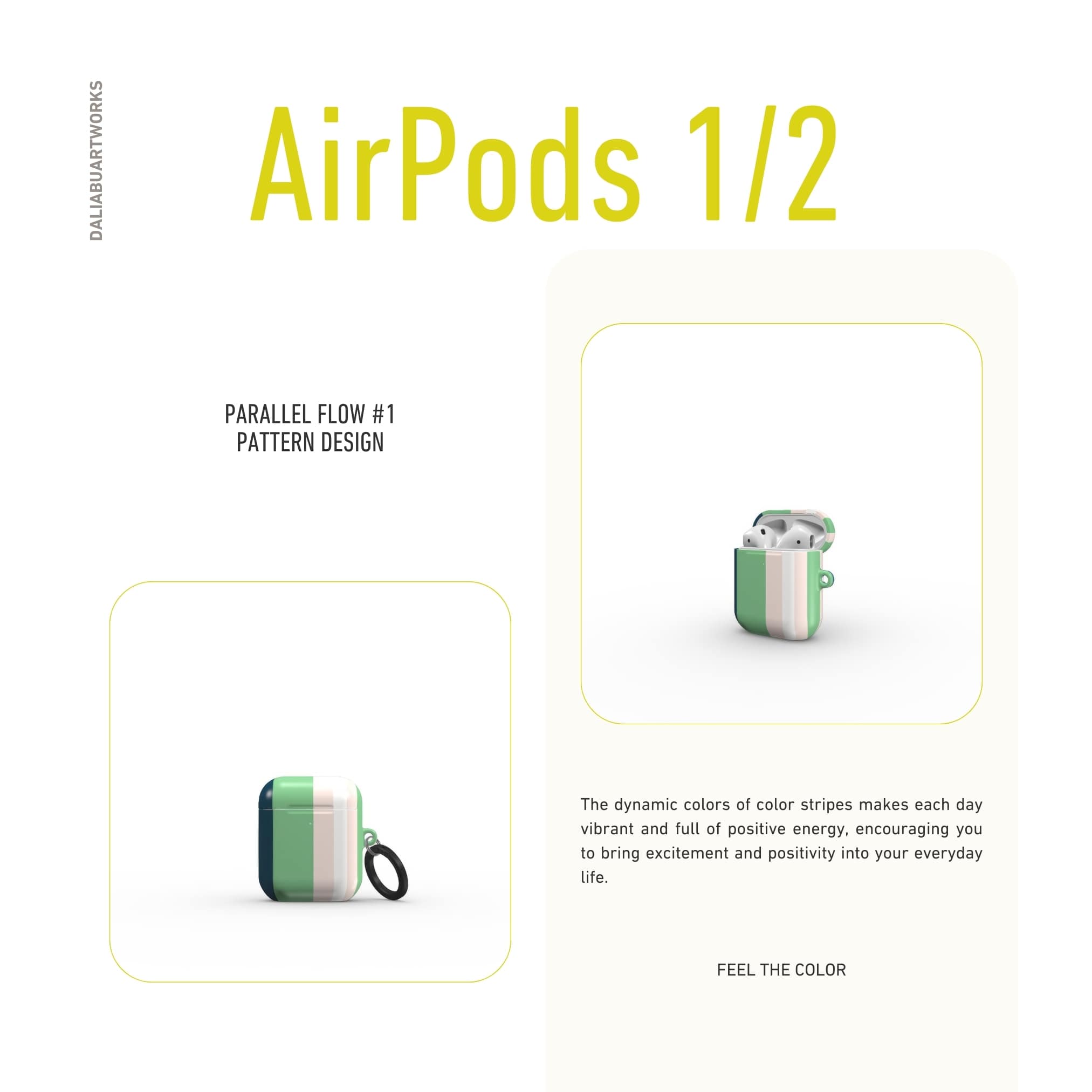 AirPods 1 and 2 case Parallel Flow 1 pattern with tiny color stripes, featuring an elegant and expressive aesthetic design. Main colors are minty sage, powder pink, navy blue. Front view.