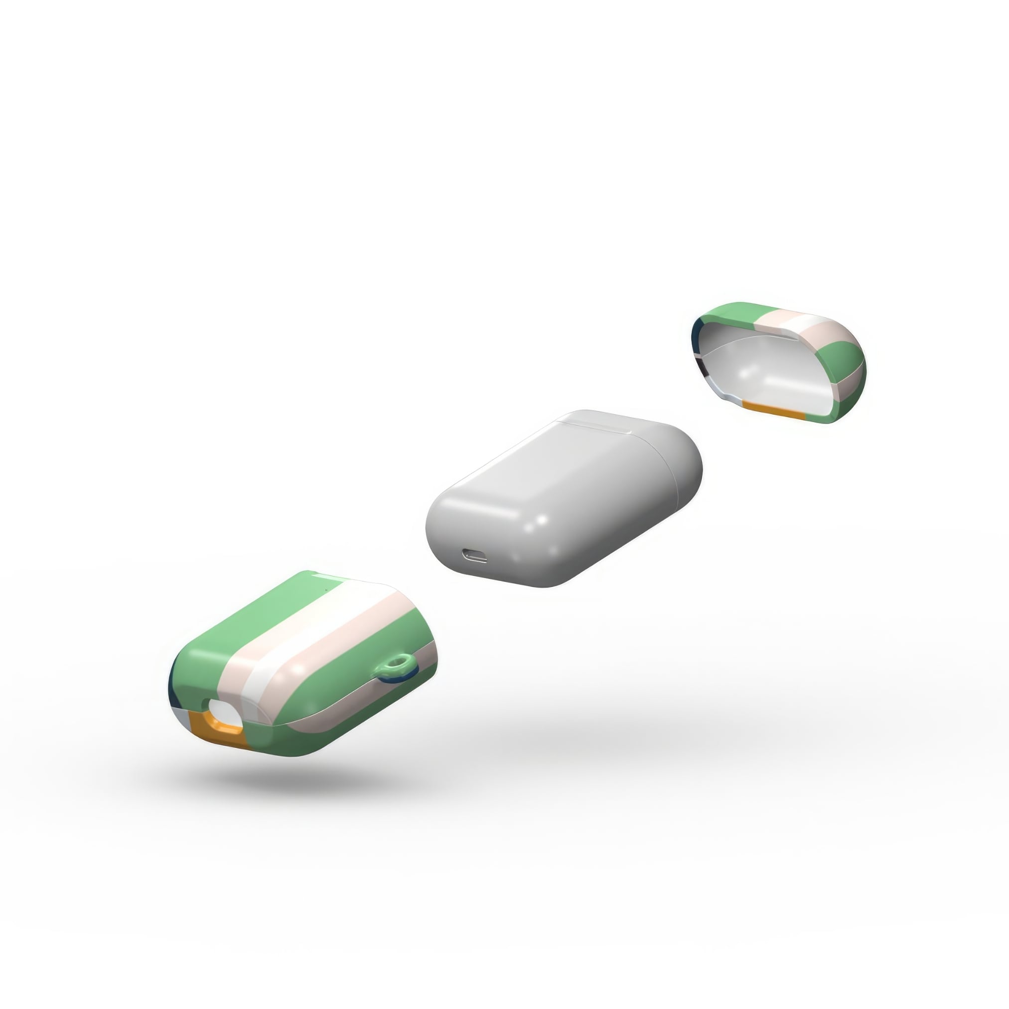 AirPods 1 and 2 case Parallel Flow 1 pattern with tiny color stripes, featuring an elegant and expressive aesthetic design. Main colors are minty sage, powder pink, navy blue. Extend view.
