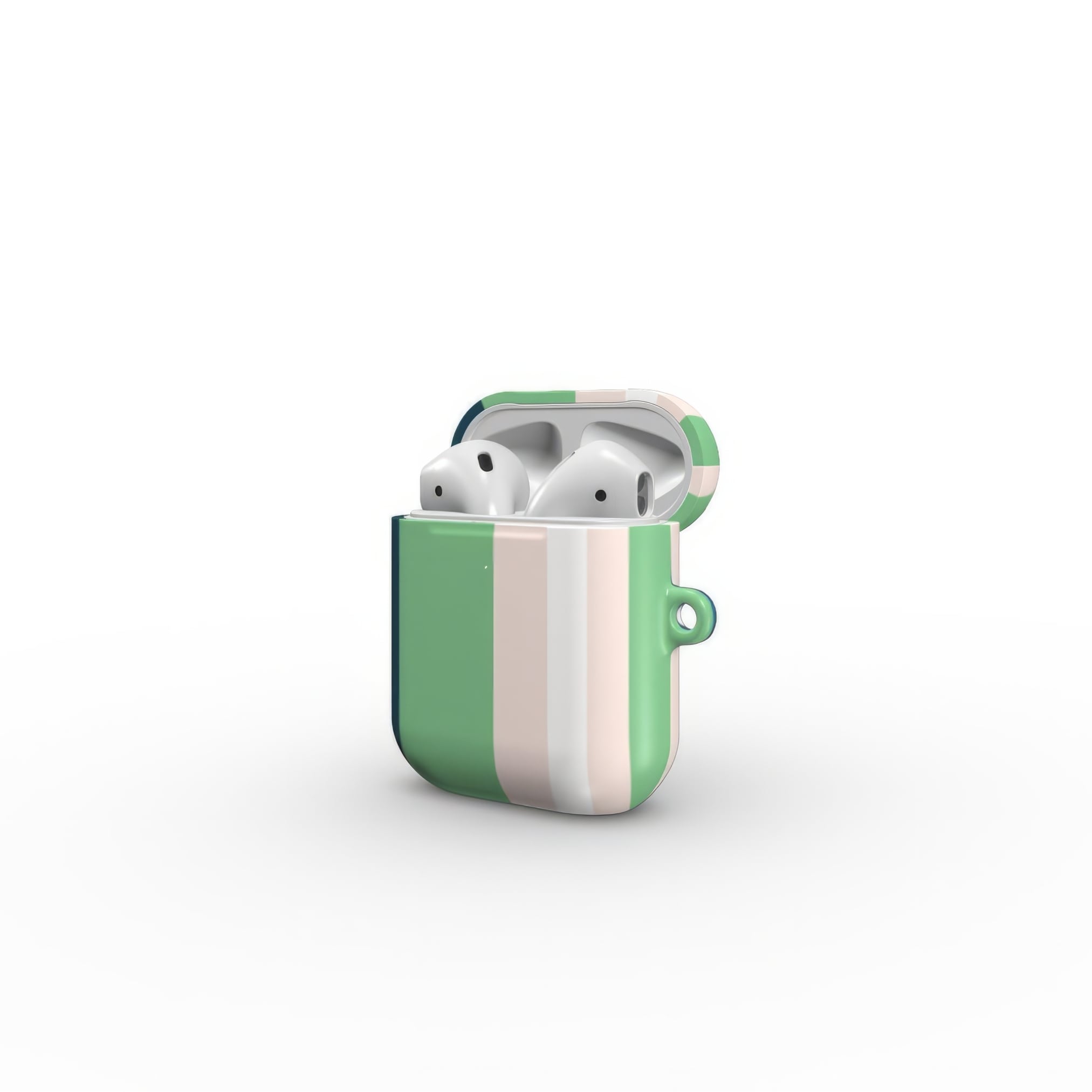 AirPods 1 and 2 case Parallel Flow 1 pattern with tiny color stripes, featuring an elegant and expressive aesthetic design. Main colors are minty sage, powder pink, navy blue. Side open view.