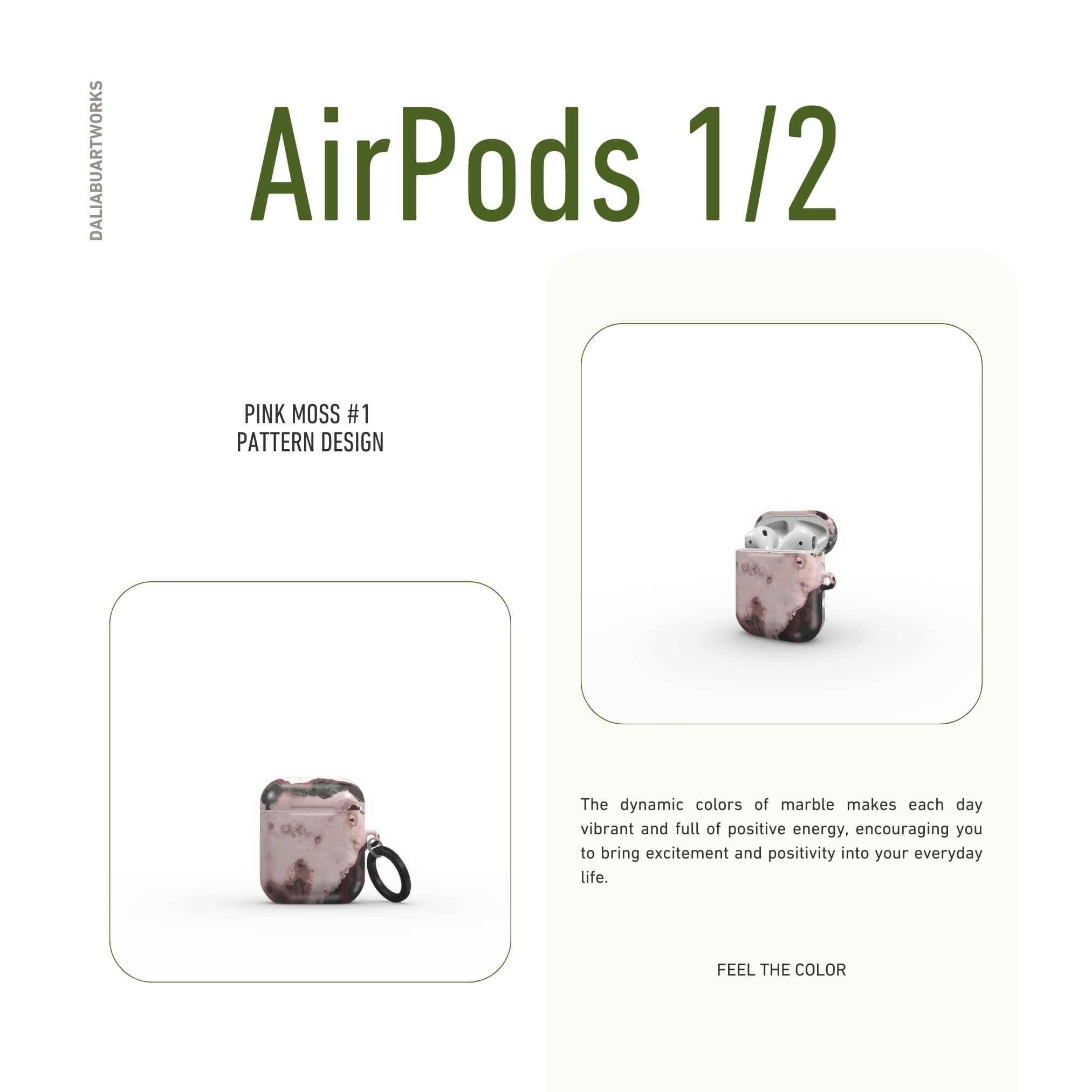 AirPods 1 and 2 tough case front view; Pink Moss 1 pattern, artistic, abstract marble pattern. Pink and Grey color combination.