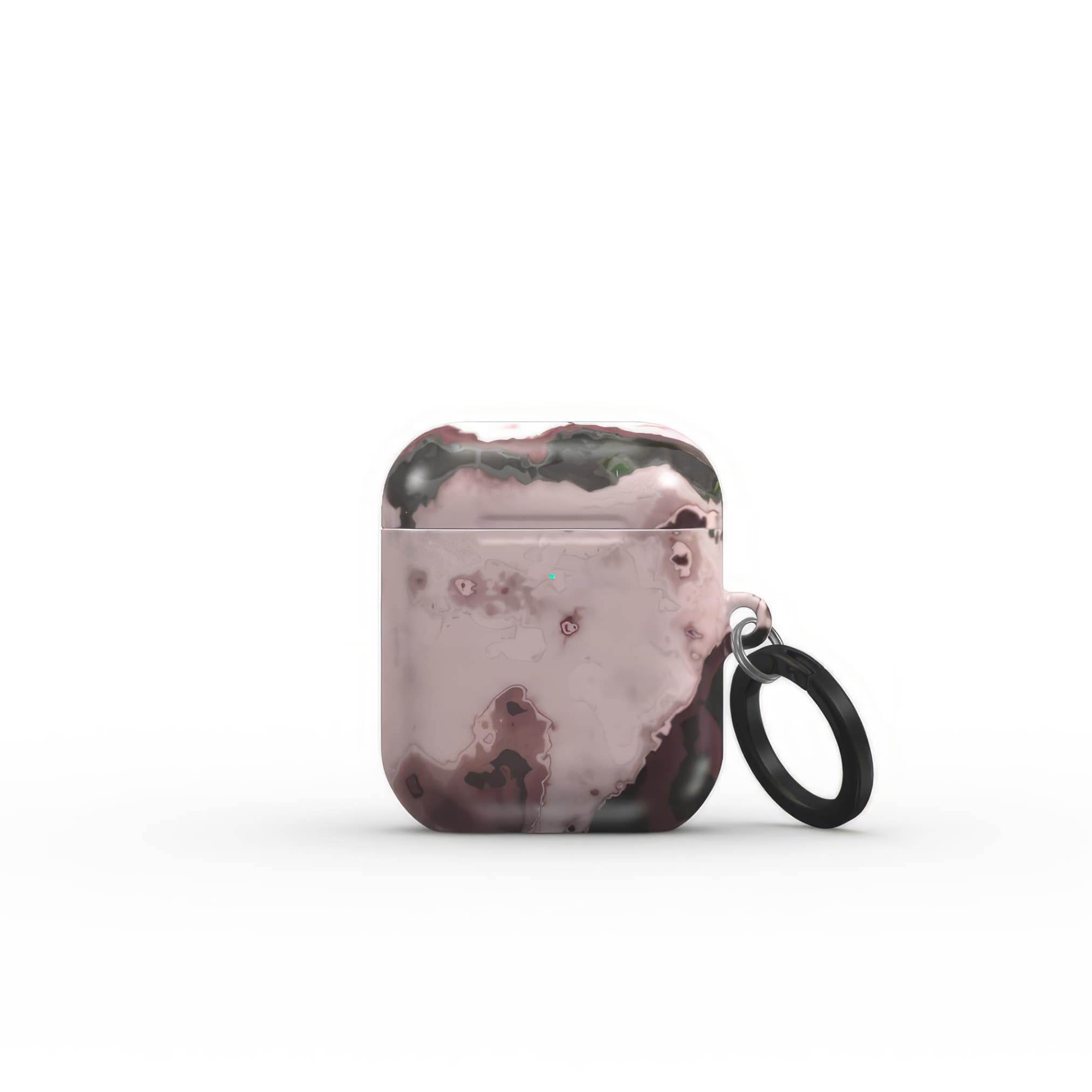 AirPods 1 and 2 tough case front view; Pink Moss 1 pattern, artistic, abstract marble pattern. Pink and Grey color combination. Bold expressive aesthetic design. Colorful and interior fit. Elegant.