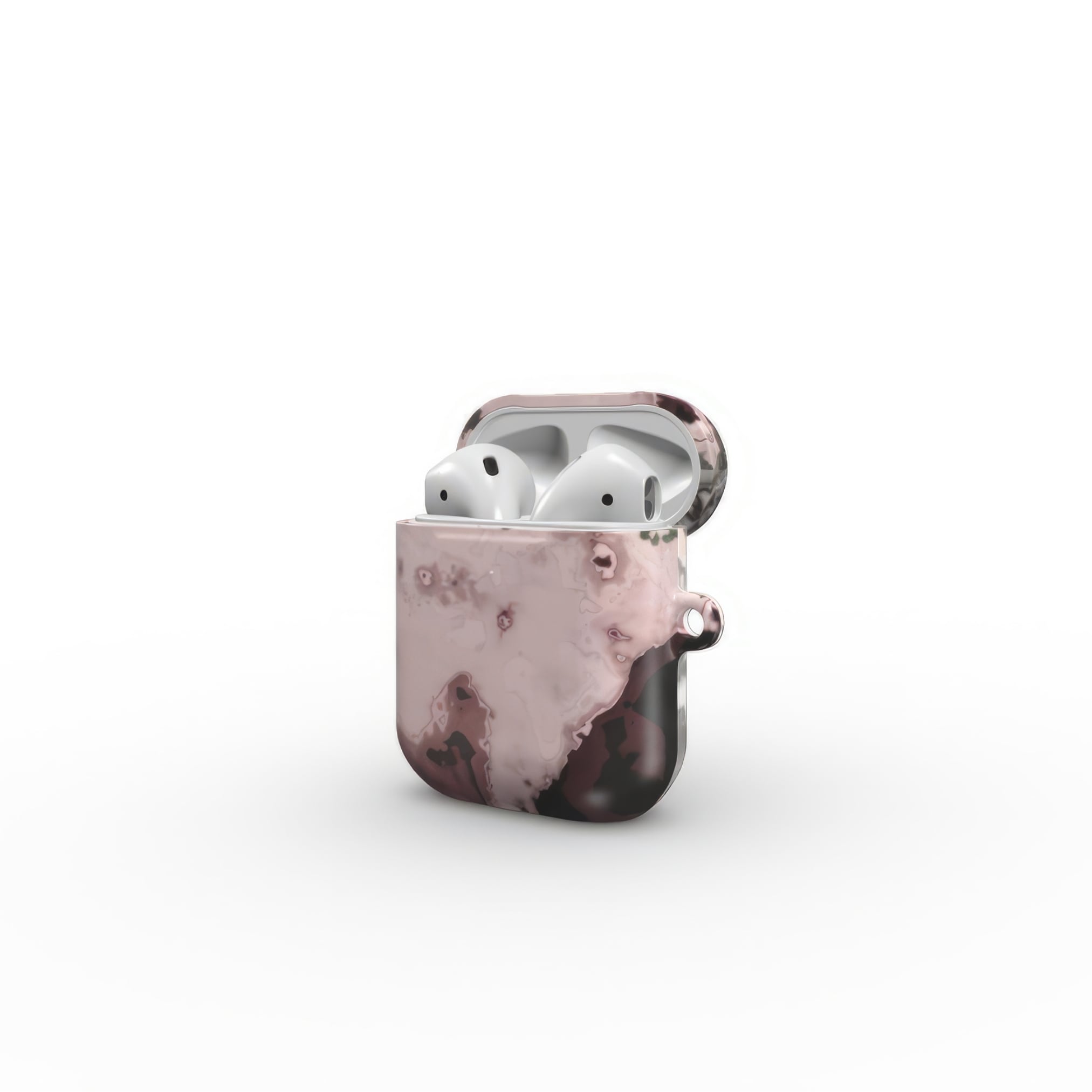 AirPods 1 and 2 tough case open side view; Pink Moss 1 pattern, artistic, abstract marble pattern. Pink and Grey color combination.