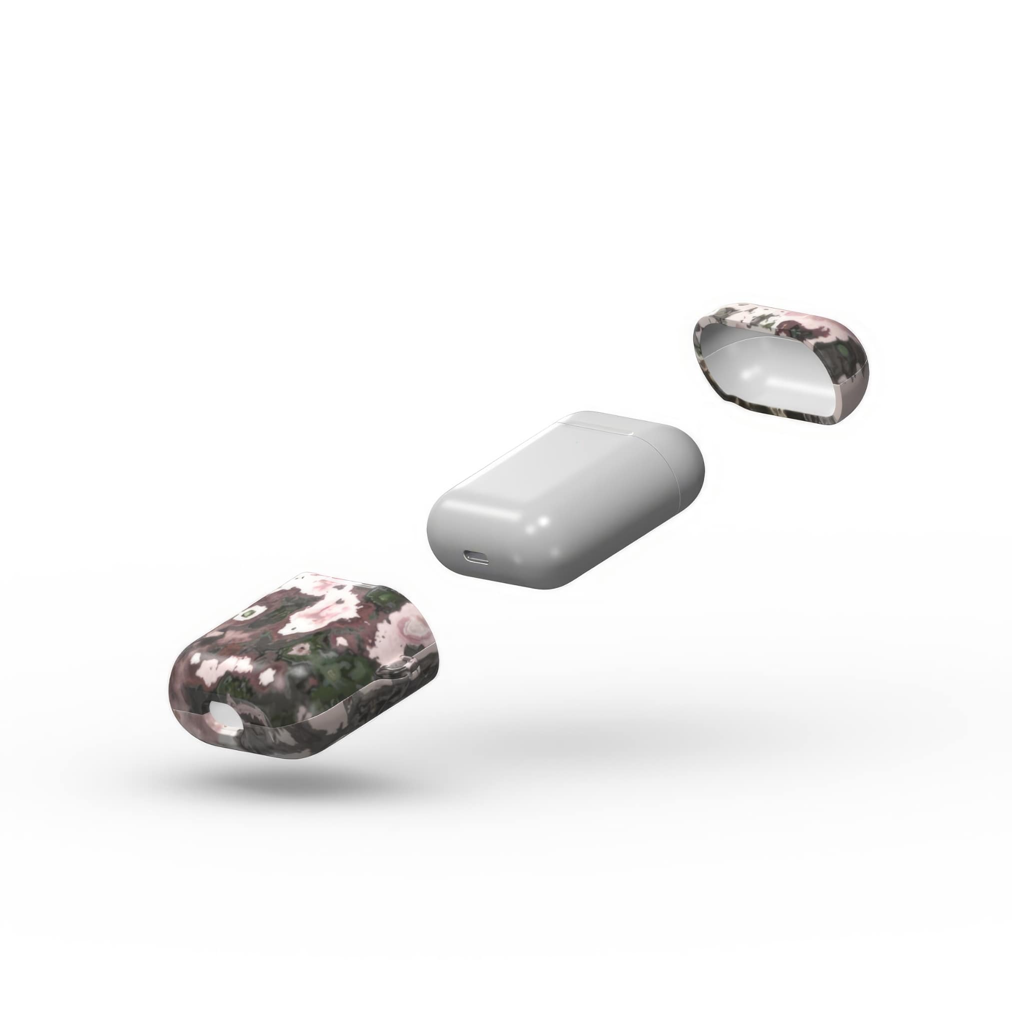 AirPods 1 and 2 case extend view; Pink Moss 2 pattern, artistic, abstract marble pattern. Pink and grey color combination.