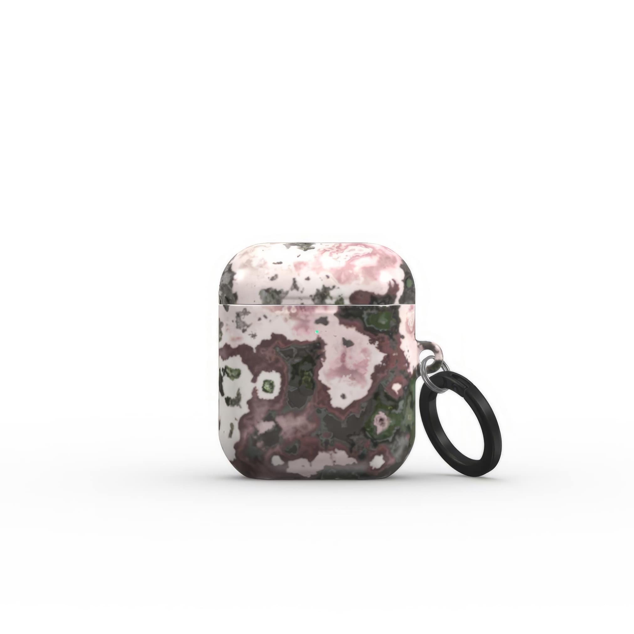 AirPods 1 and 2 case front closed view; Pink Moss 2 pattern, artistic, abstract marble pattern. Pink and grey color combination. Bold expressive aesthetic design. Colorful and interior fit. Elegant.