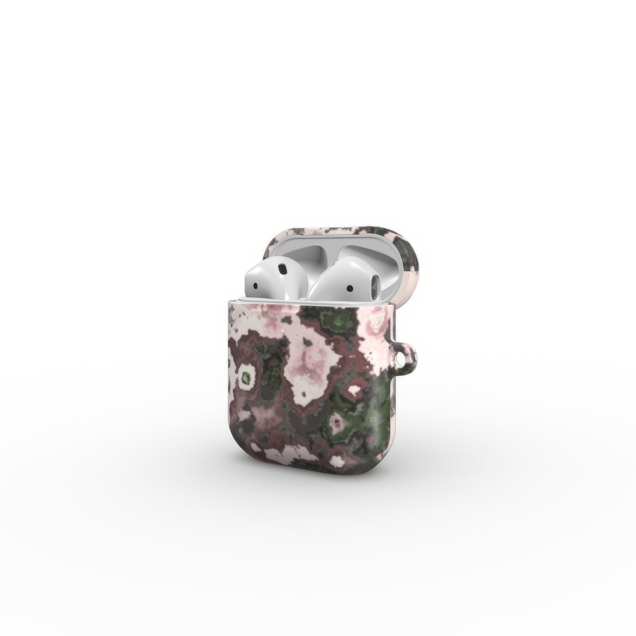AirPods 1 and 2 case side open view; Pink Moss 2 pattern, artistic, abstract marble pattern. Pink and grey color combination.