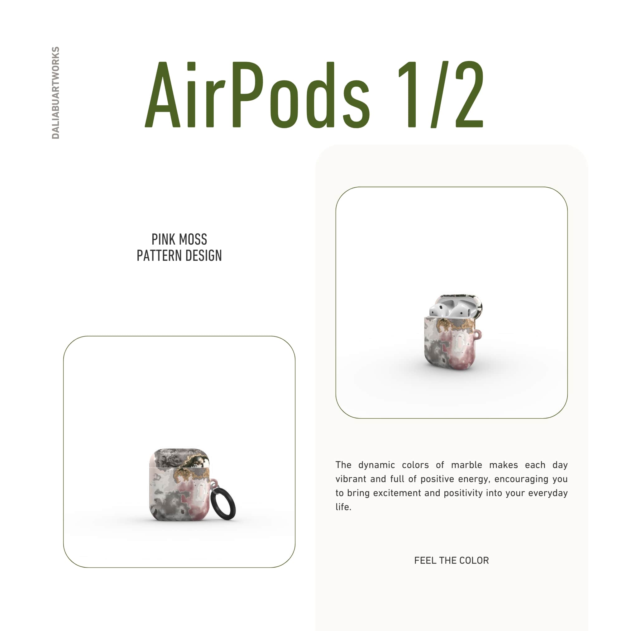 AirPods 1/2 tough case front view; Pink Moss pattern, artistic, abstract marble pattern. Pink and Grey color combination.