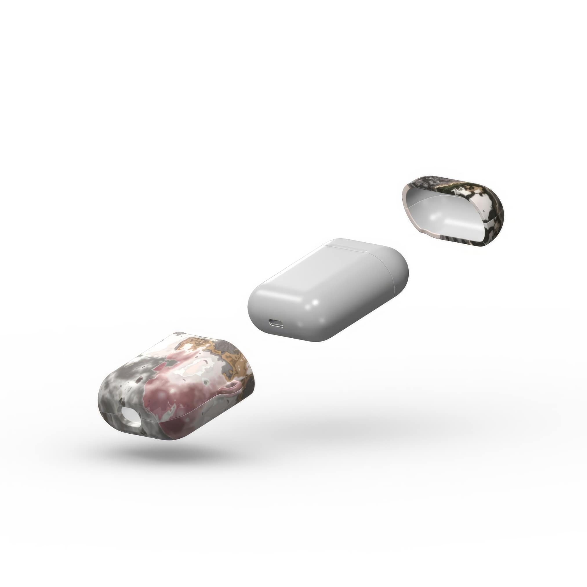 AirPods 1/2 tough case extend view; Pink Moss pattern, artistic, abstract marble pattern. Pink and Grey color combination.