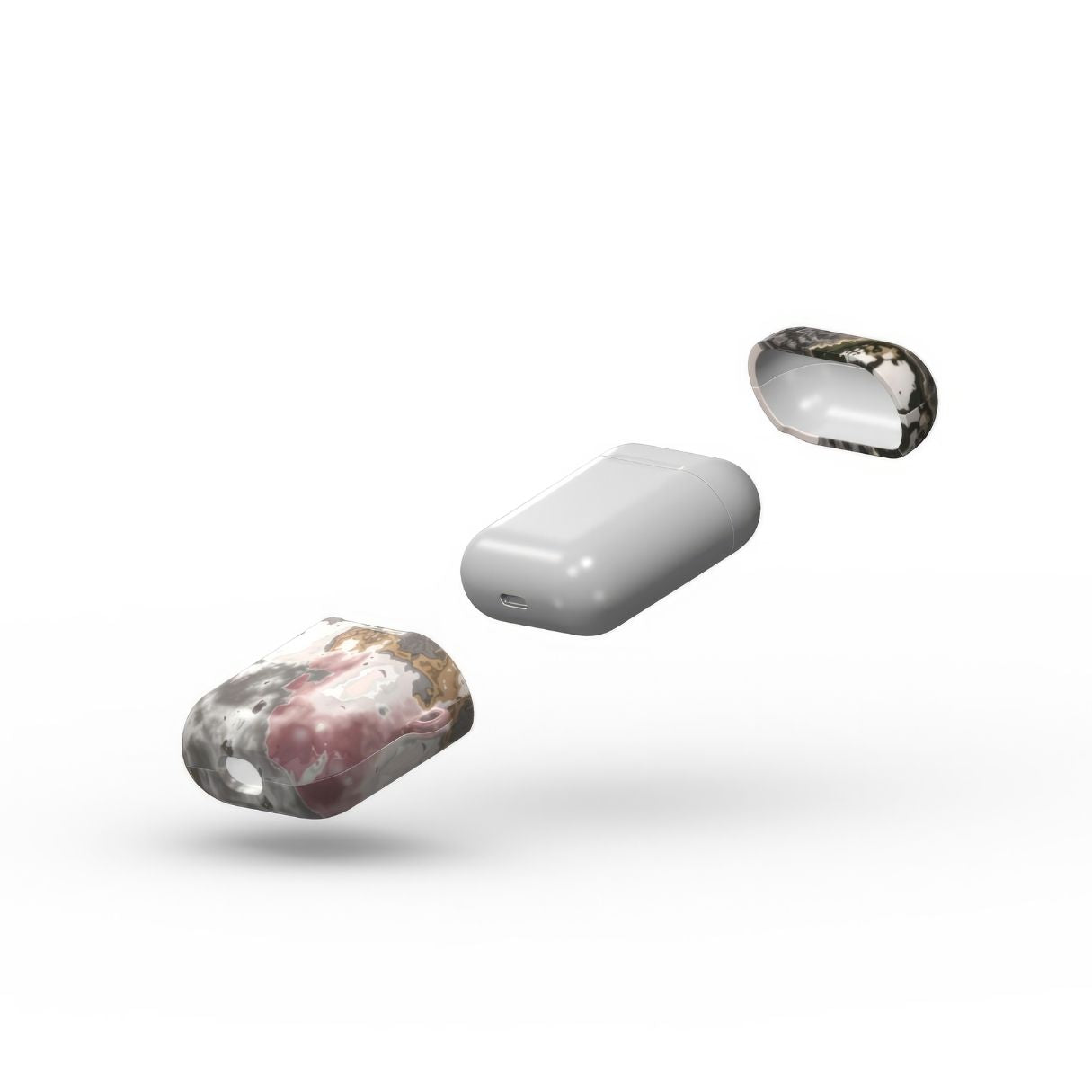 AirPods 1/2 tough case extend view; Pink Moss pattern, artistic, abstract marble pattern. Pink and Grey color combination.
