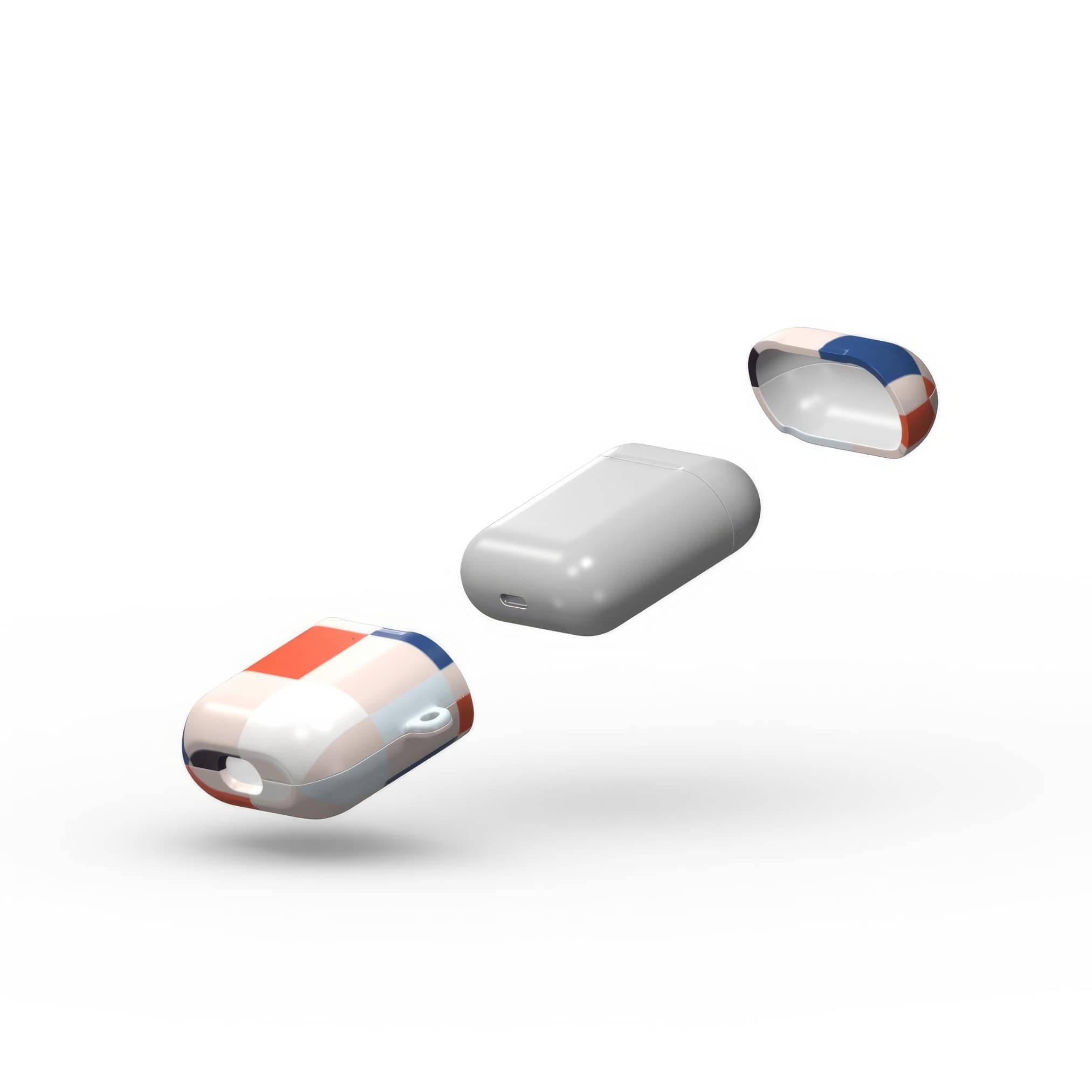 AirPods 1 and 2 ultra thin hard shell tough case Pixel Grid Blue pattern design with a bold color blocks in pixel and stripes modern style, featuring an elegant and expressive aesthetic design. Main colors are pink, navy, orange red and light sky blue. Extend view.