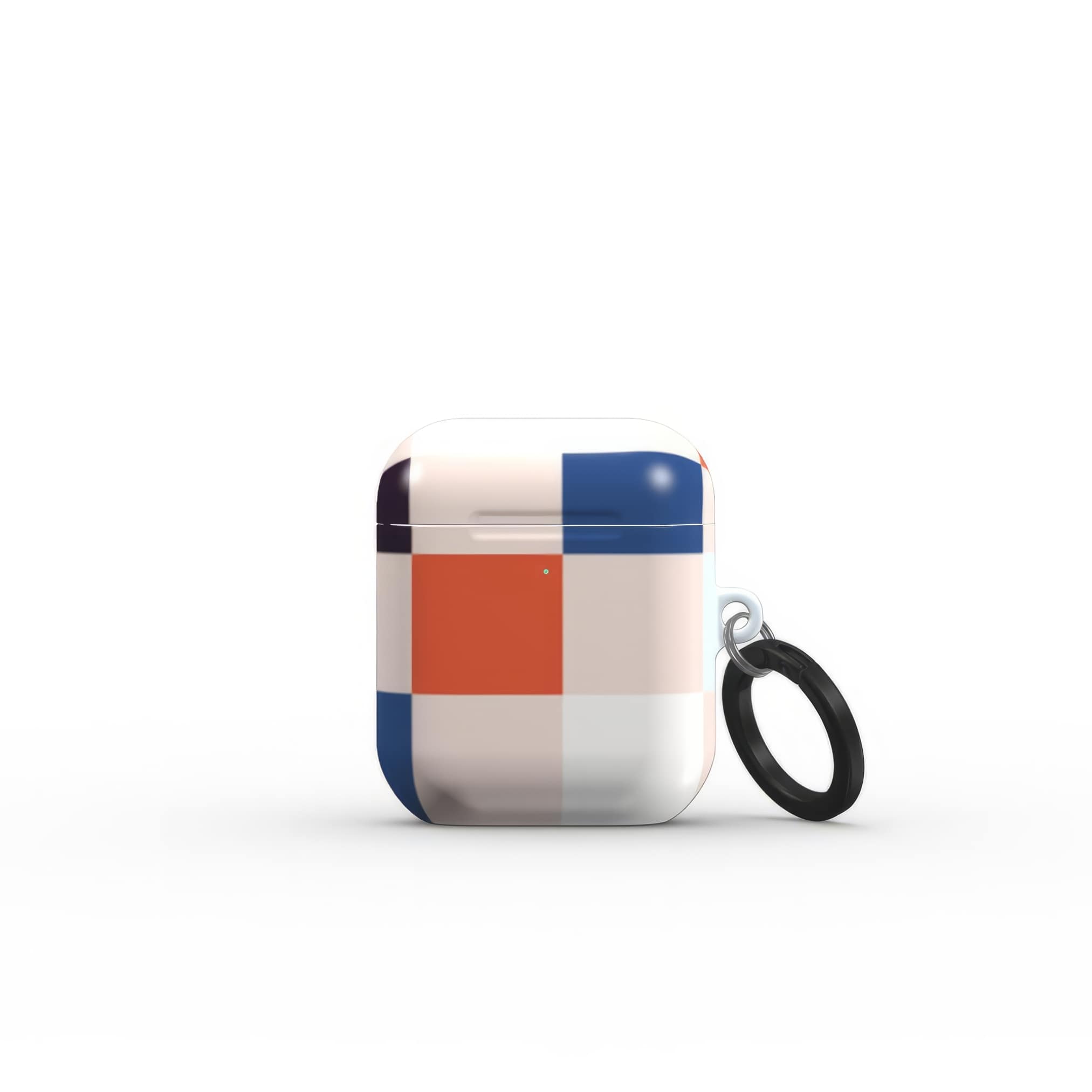 AirPods 1 and 2 ultra thin hard shell tough case Pixel Grid Blue pattern design with a bold color blocks in pixel and stripes modern style, featuring an elegant and expressive aesthetic design. Main colors are pink, navy, orange red and light sky blue. Front closed view.