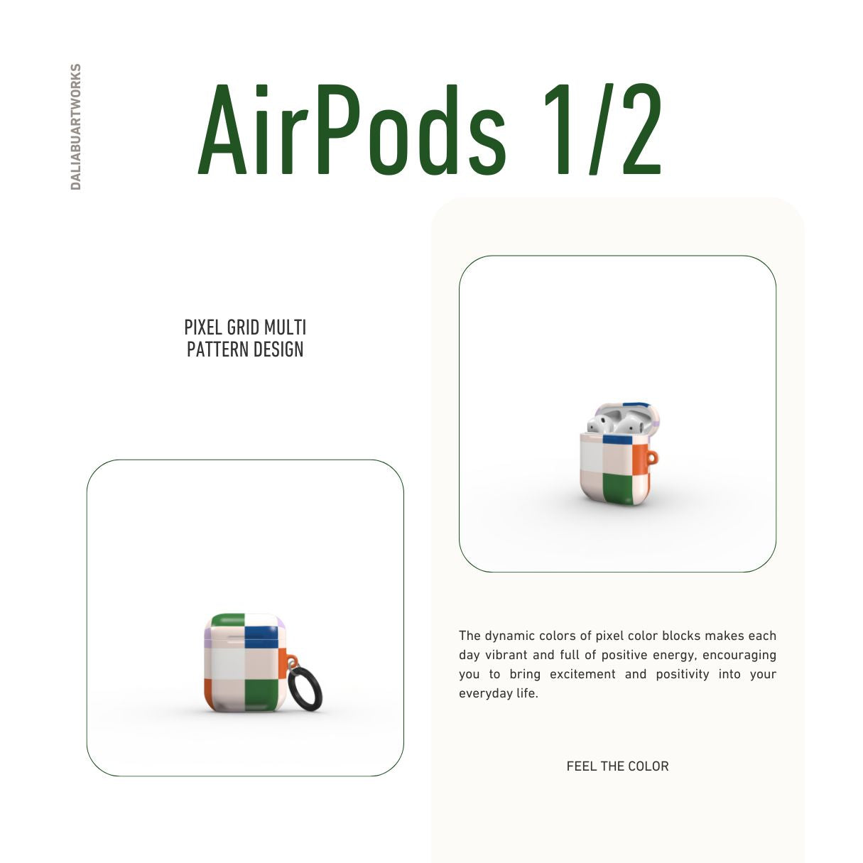AirPods 1 and 2 case Pixel Grid Multi pattern design with a bold color blocks in pixel and stripes modern style, featuring an elegant and expressive aesthetic design. Main colors are rich orange, blue, lilac and green. Front view.