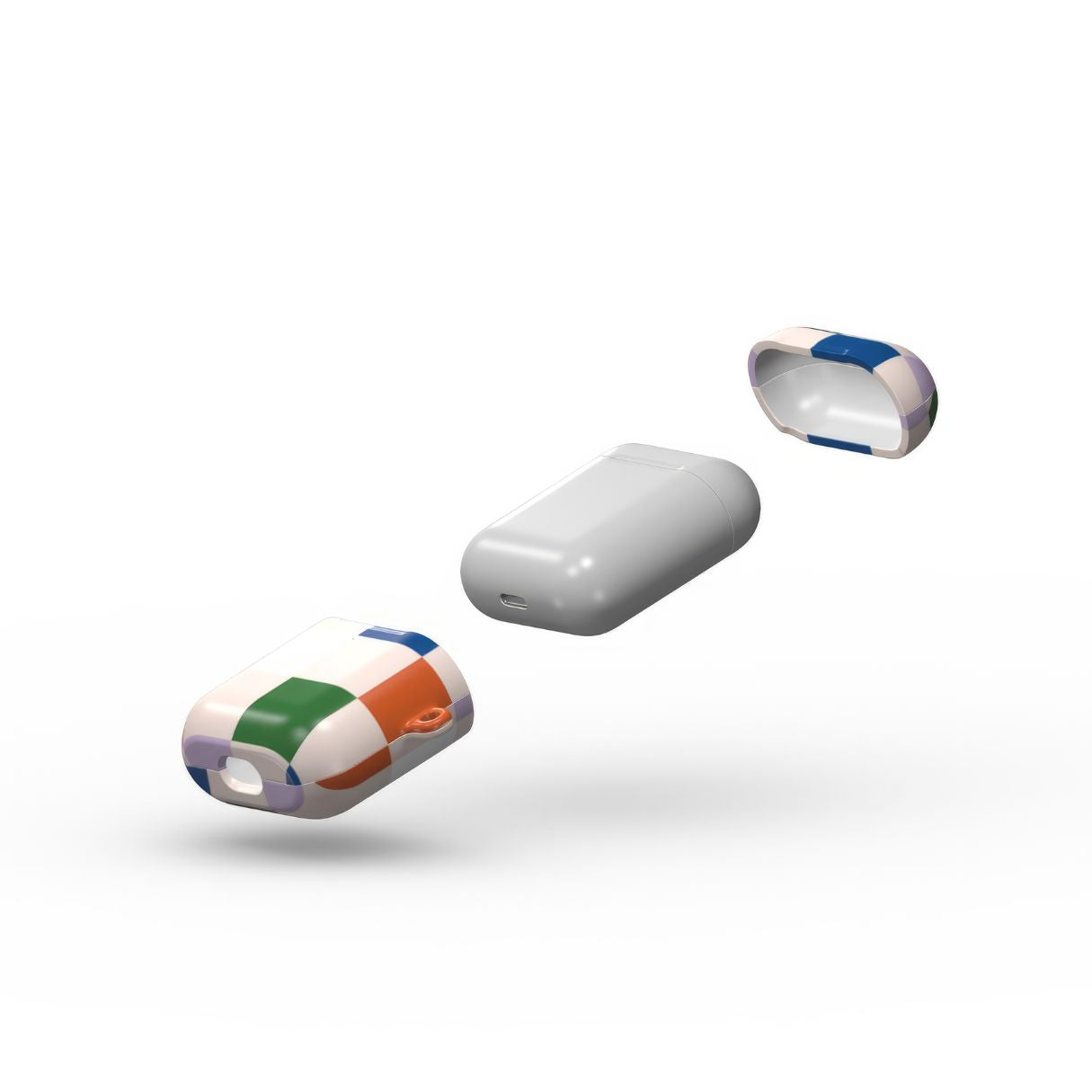 AirPods 1 and 2 case Pixel Grid Multi pattern design with a bold color blocks in pixel and stripes modern style, featuring an elegant and expressive aesthetic design. Main colors are rich orange, blue, lilac and green. Extend view.