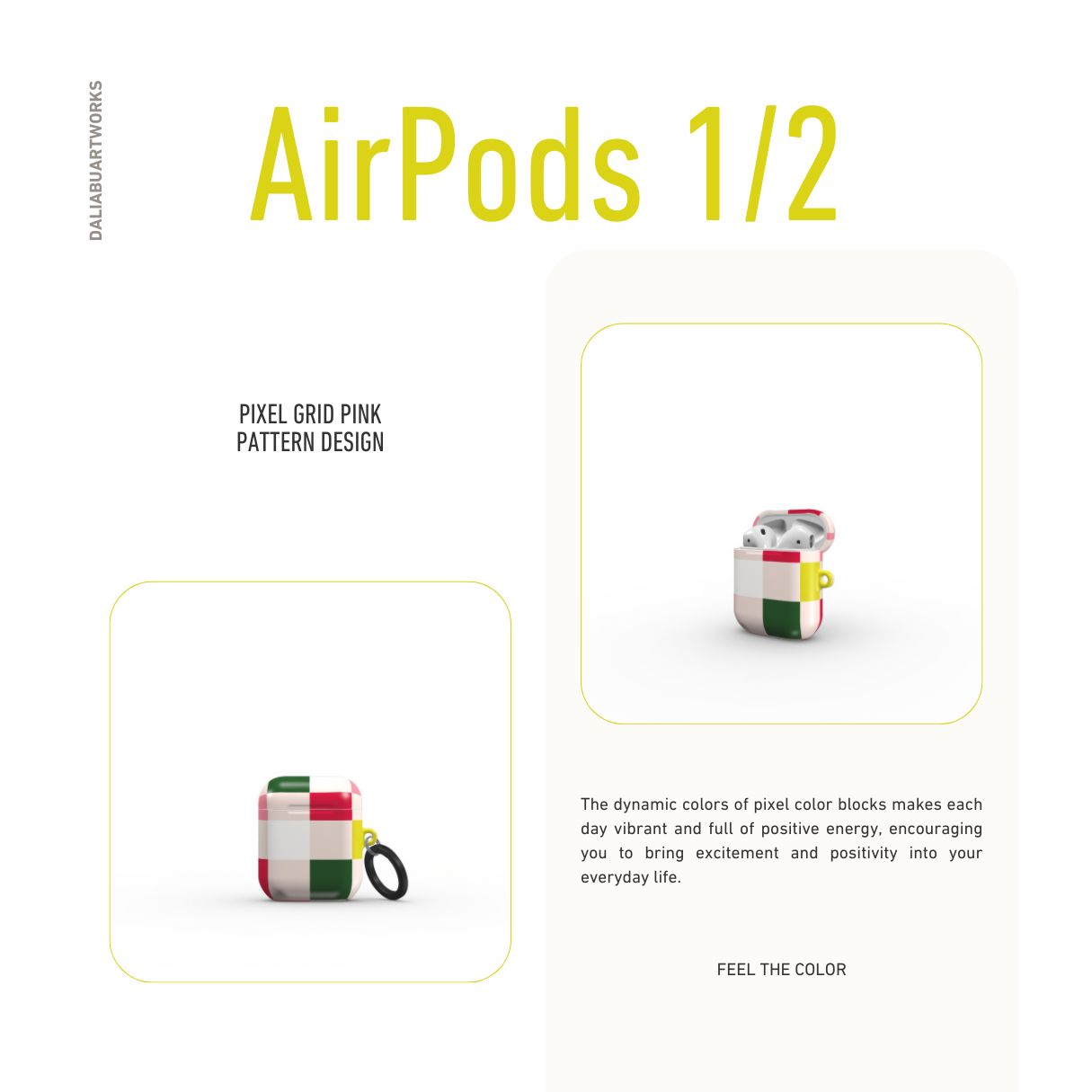 Apple AirPods 1 and 2 tough case Pixel Grid Pink pattern design with a bold color blocks in pixel and stripes modern style, featuring an elegant and expressive aesthetic design. Main colors are rich red, pink yellow and green. Front view.