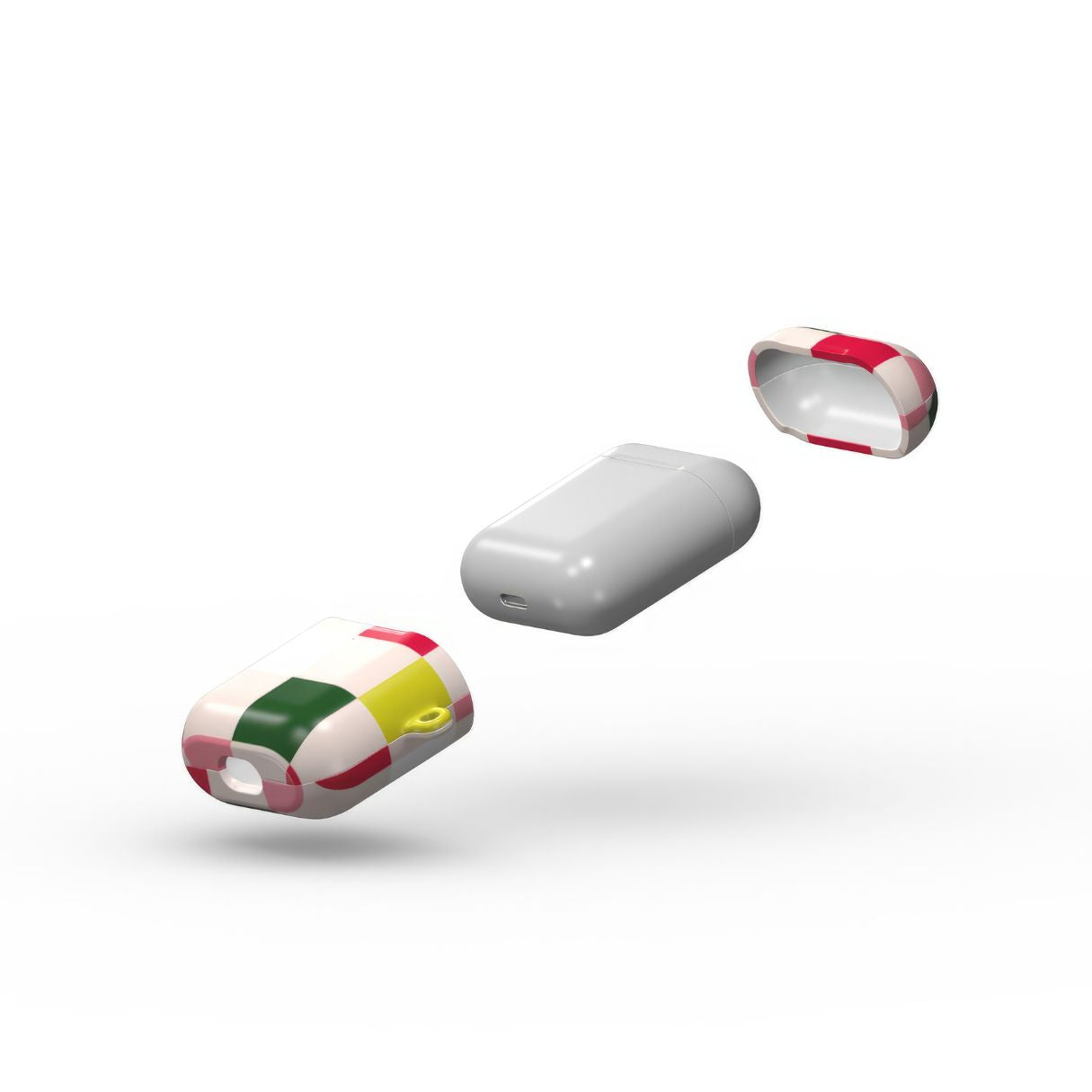 Apple AirPods 1 and 2 tough case Pixel Grid Pink pattern design with a bold color blocks in pixel and stripes modern style, featuring an elegant and expressive aesthetic design. Main colors are rich red, pink yellow and green. Extend view.