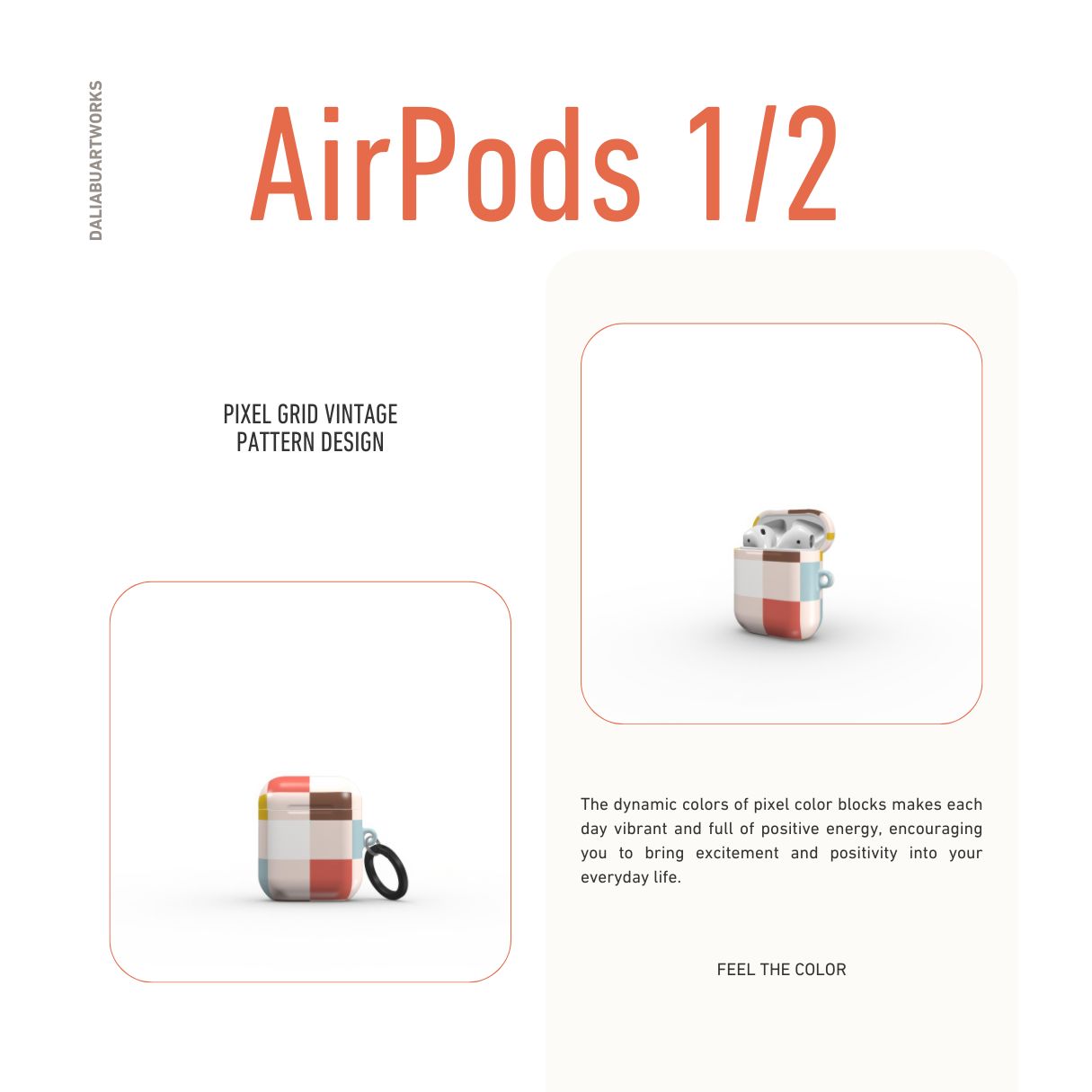 AirPods 1 and 2 tough case Pixel Grid Vintage pattern design with a bold color blocks in pixel and stripes modern style, featuring an elegant and expressive aesthetic design. Main colors are pastel with pink, brown, muted red and light sky blue. Front view.