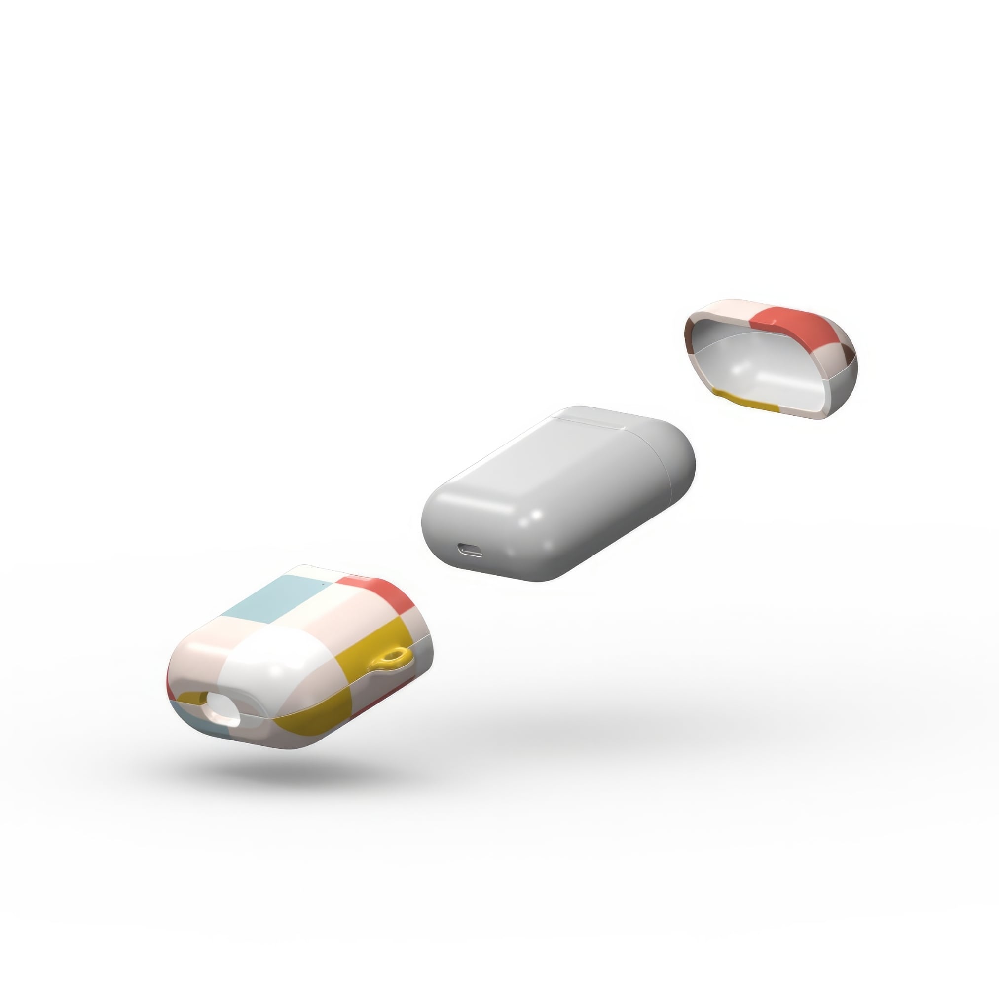 AirPods 1 and 2 tough case Pixel Grid Vintage pattern design with a bold color blocks in pixel and stripes modern style, featuring an elegant and expressive aesthetic design. Main colors are pastel with pink, brown, muted red and light sky blue. Extend view.