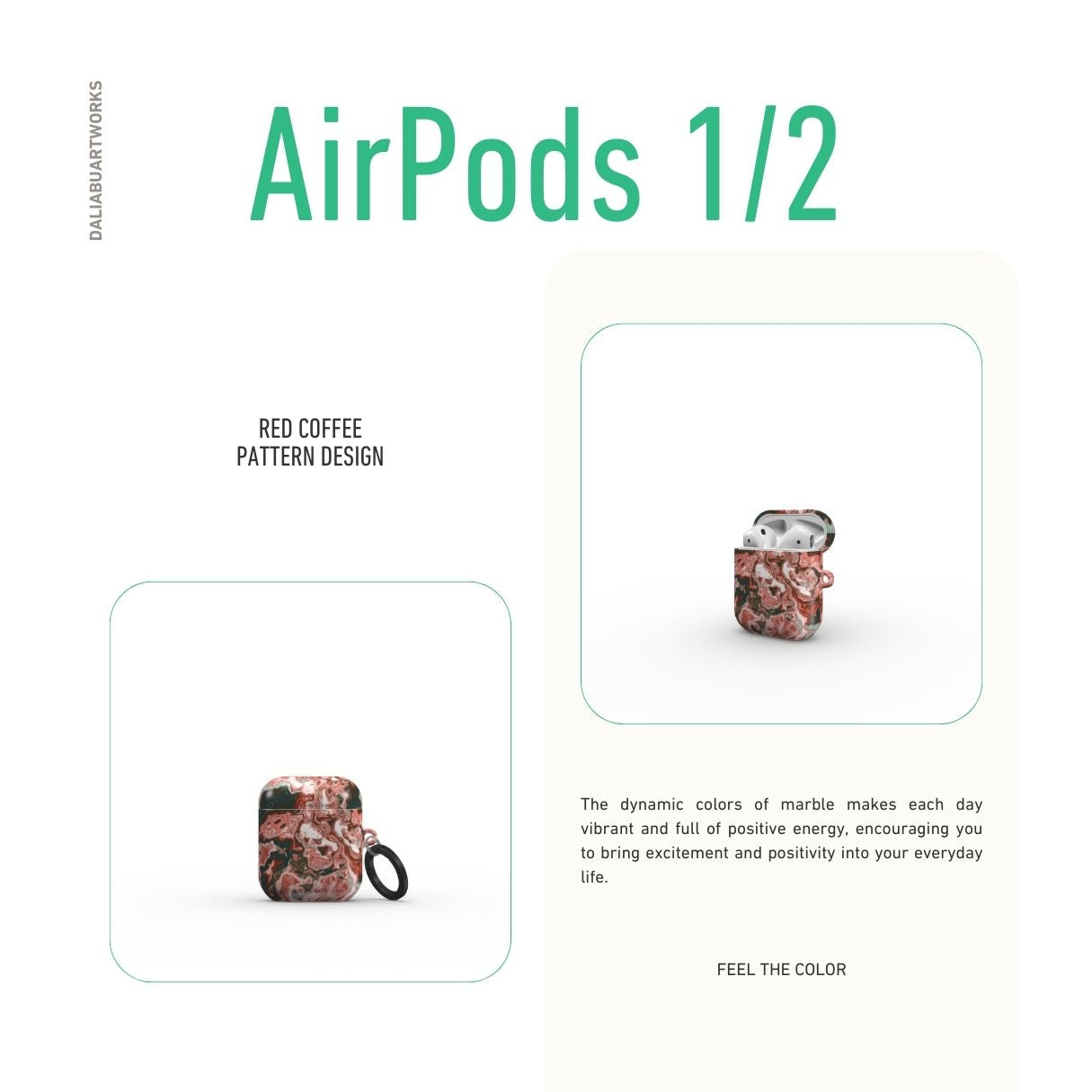 AirPods 1/2 tough case front view; Red Coffee pattern, artistic, abstract marble pattern. red and light blue color combination.