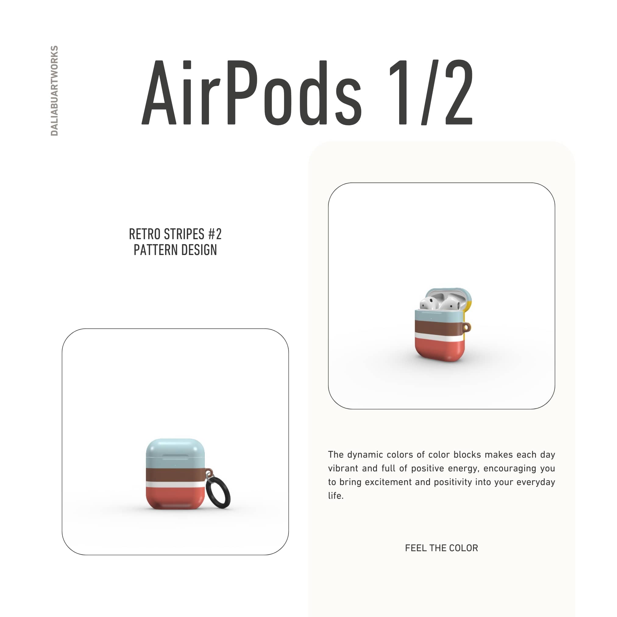 AirPods 1 and 2 tough case Retro Stripes 2 pattern design with a bold color blocks in vintage, mid century modern style, featuring an elegant and expressive aesthetic design. Main colors are yellow, muted red and light blue. Front view.